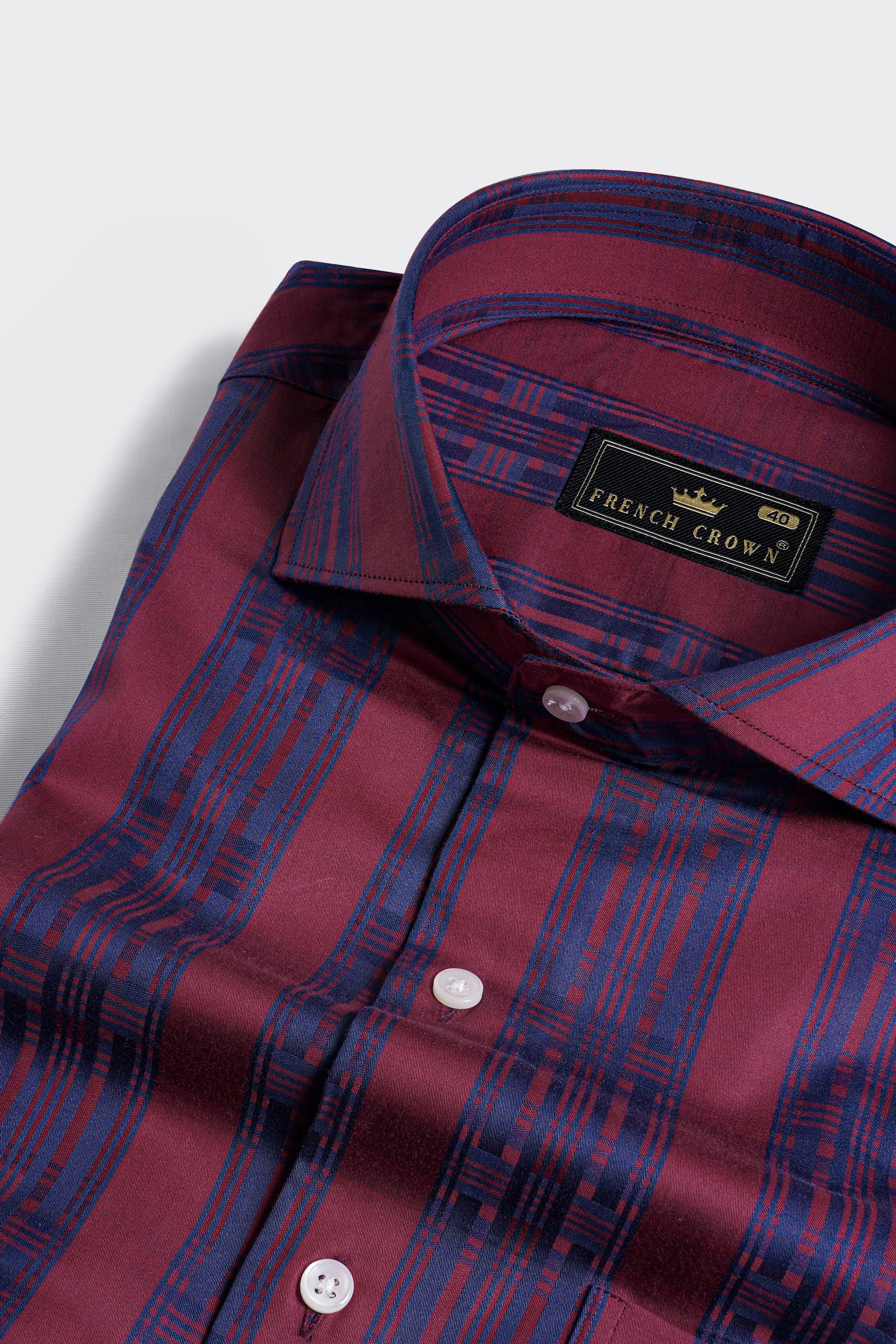 Auburn Red with Fiord Blue Jacquard Textured Giza Cotton Shirt sold by French Crown