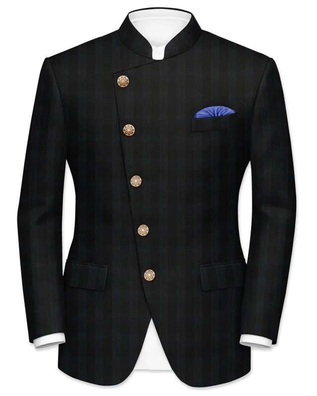 Thunder brown Plaid Cross Placket Bandhgala Wool Rich Blazer sold by French Crown