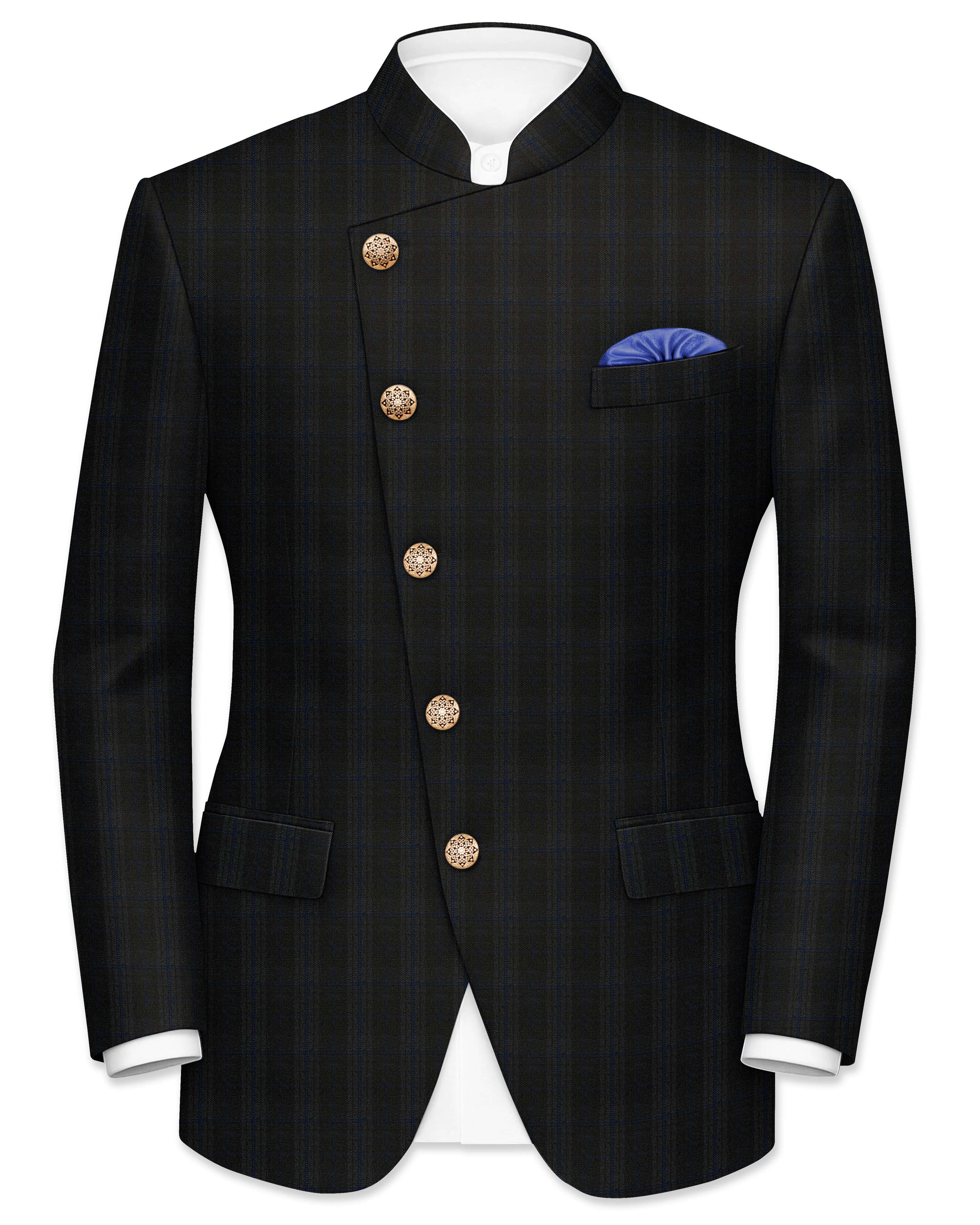 Thunder brown Plaid Cross Placket Bandhgala Wool Rich Blazer sold by French Crown