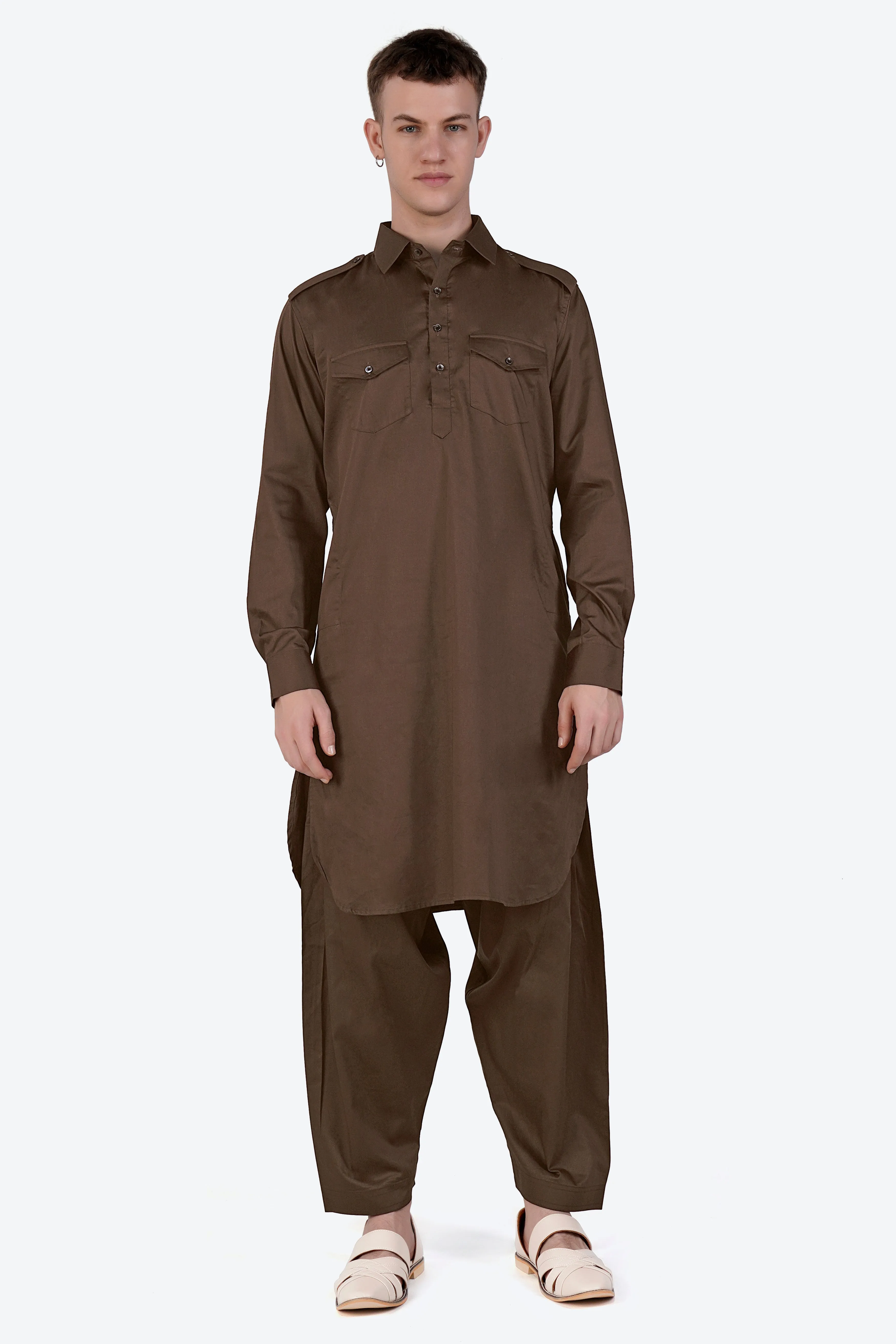 Medium Taupe Brown Subtle Sheen Super Soft Premium Cotton Pathani Set sold by French Crown product image thumbnail 2