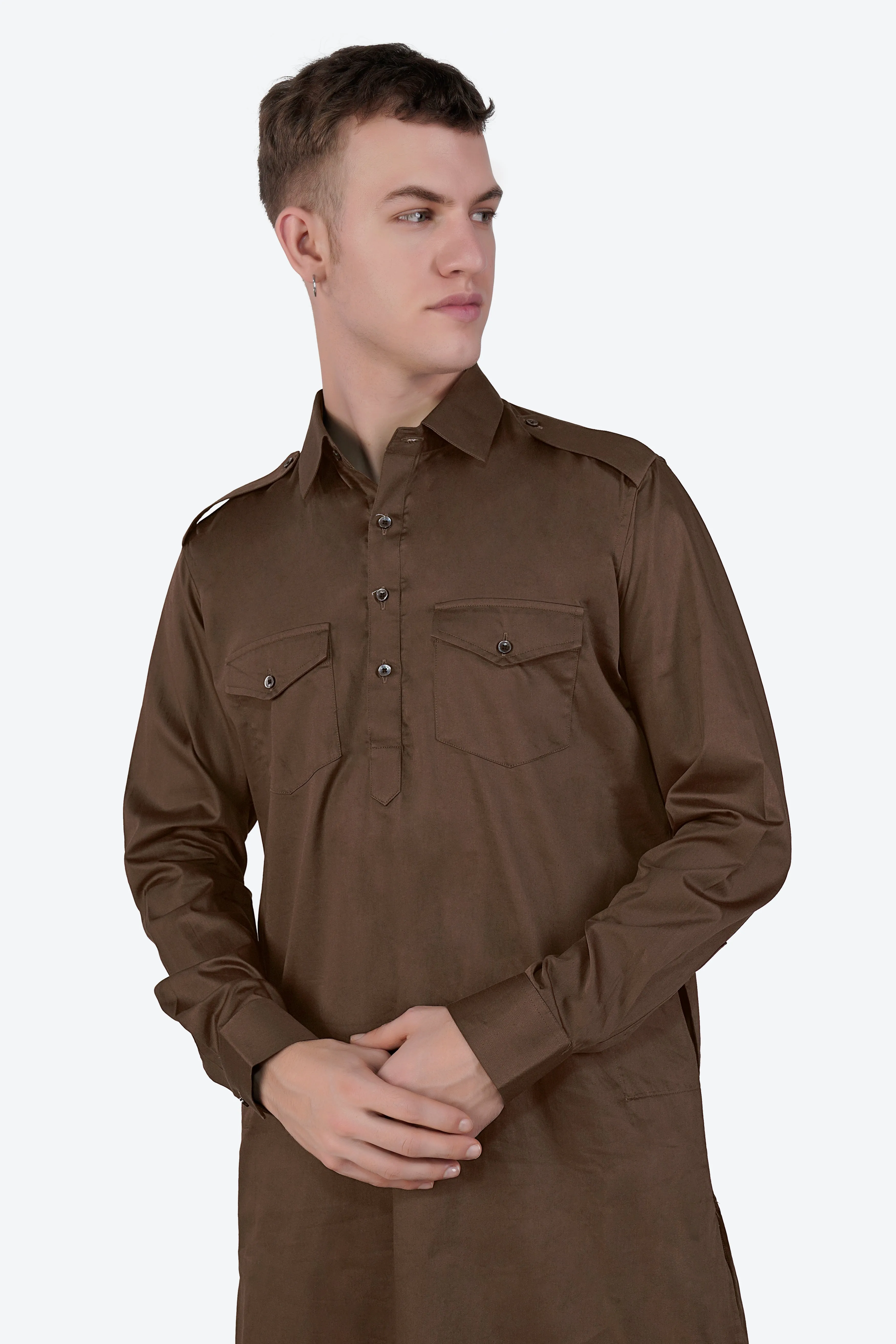 Medium Taupe Brown Subtle Sheen Super Soft Premium Cotton Pathani Set sold by French Crown product image thumbnail 4