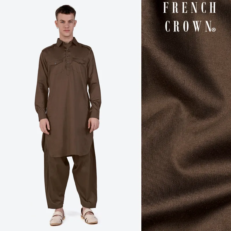 Medium Taupe Brown Subtle Sheen Super Soft Premium Cotton Pathani Set sold by French Crown