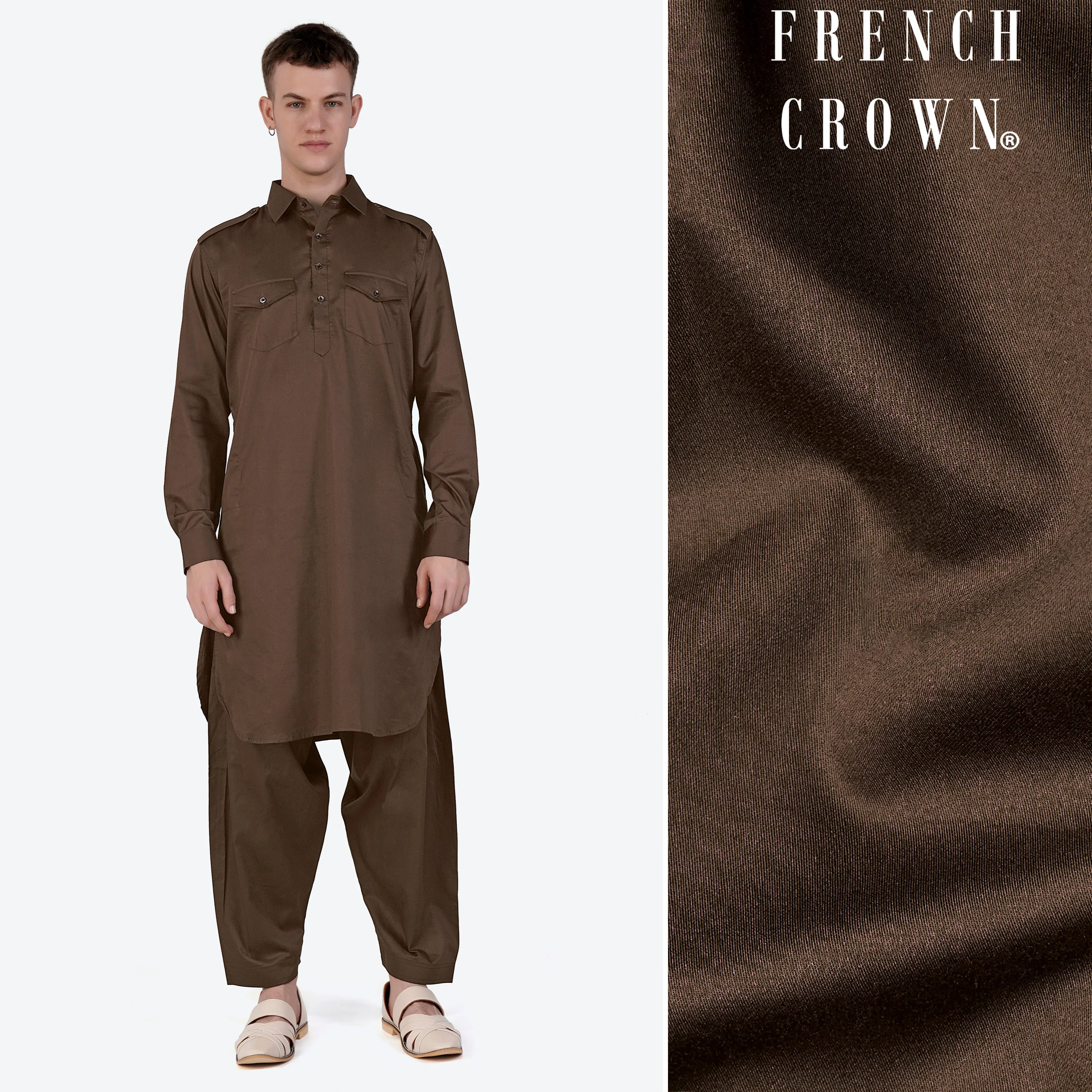 Medium Taupe Brown Subtle Sheen Super Soft Premium Cotton Pathani Set sold by French Crown