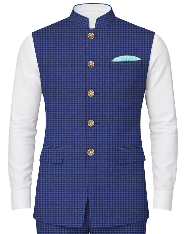 Victoria Blue Gingham Checkered Nehru Jacket sold by French Crown