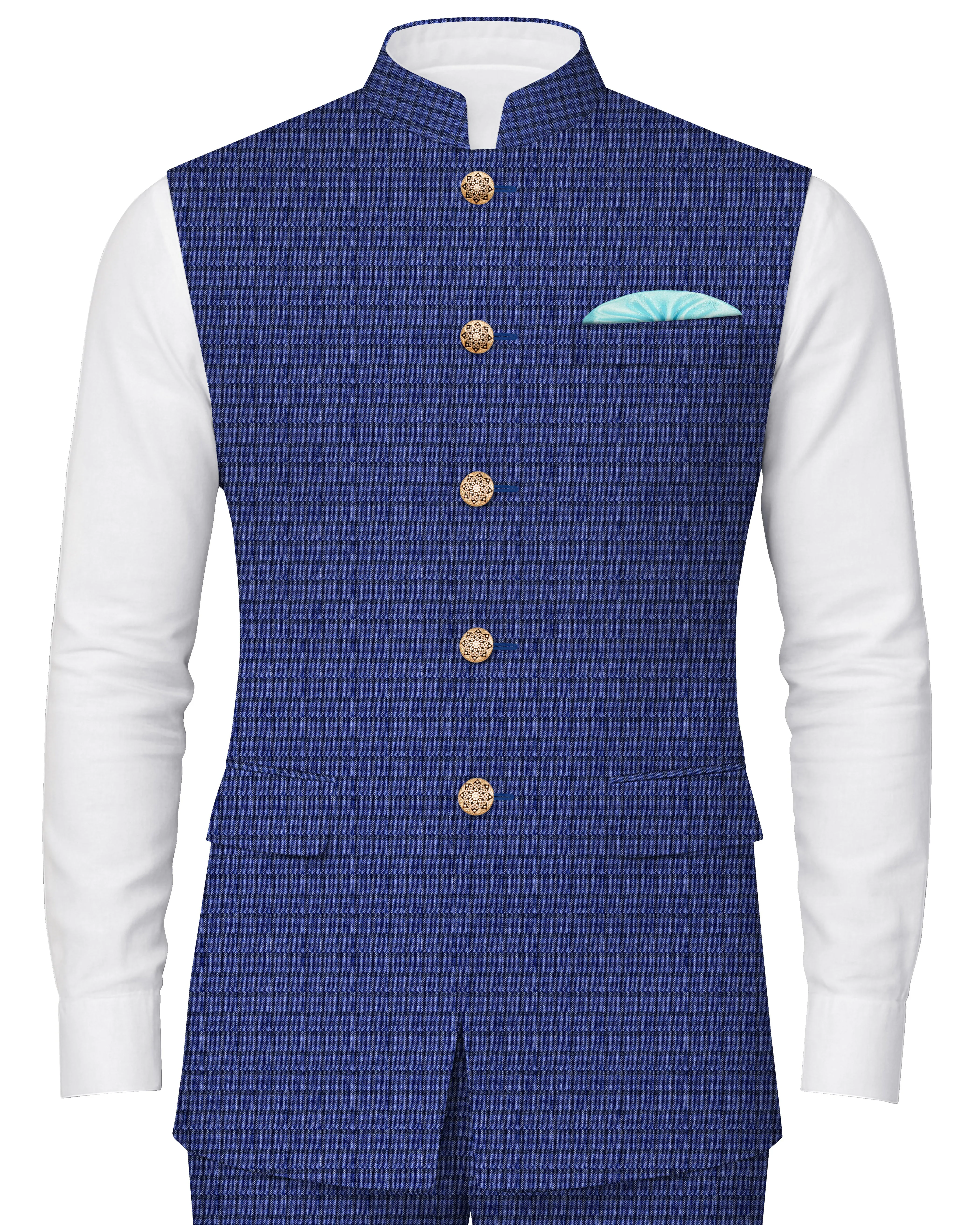 Victoria Blue Gingham Checkered Nehru Jacket sold by French Crown