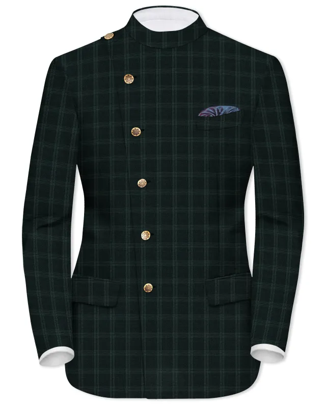 Zeus Green Plaid Cross Placket Bandhgala Blazer sold by French Crown
