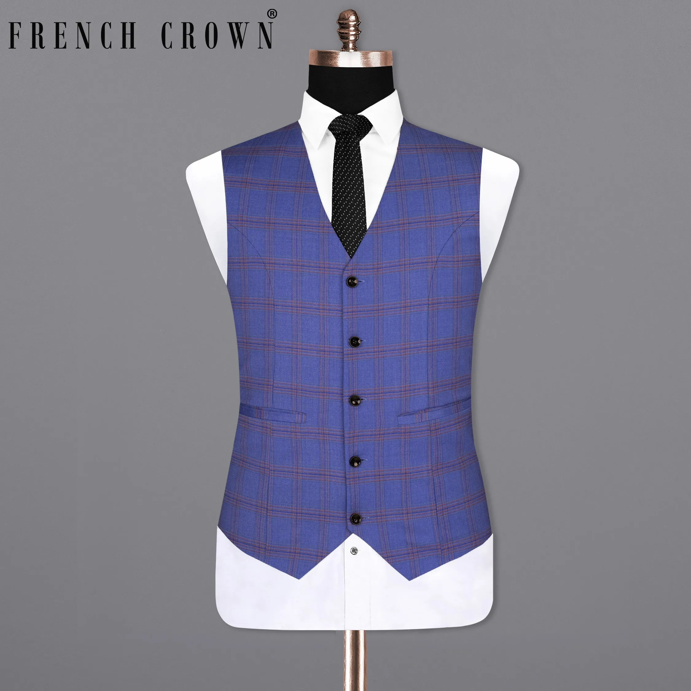 East Bay Blue Super fine Windowpane Wool Rich Waistcoat sold by French Crown