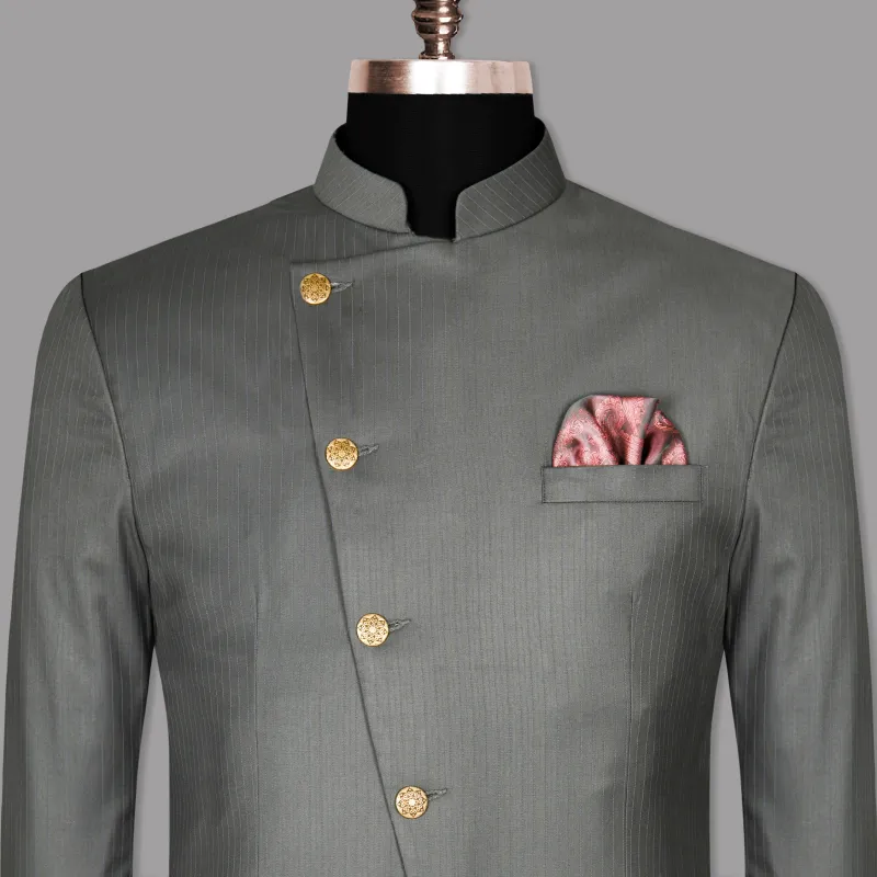 Chicago Gray Subtle Striped Cross Placket  Bandhgala/Mandarin Blazer sold by French Crown