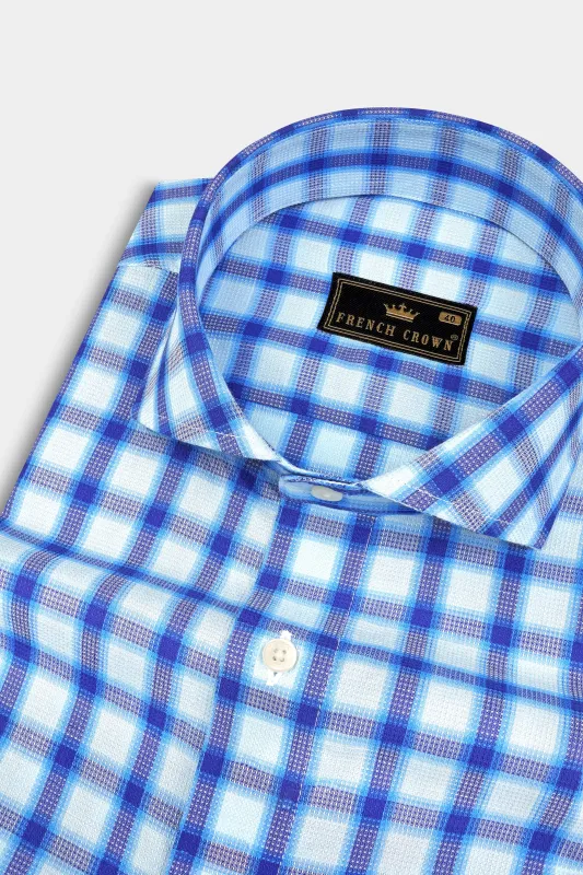 Jagged Ice and Cerulean Blue Checkered Dobby Textured Premium Giza Cotton Shirt sold by French Crown