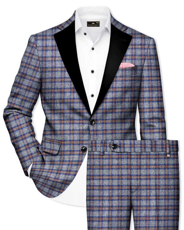 Fuscous Gray Checkered Single Breasted Black Lapel Designer Suit sold by French Crown
