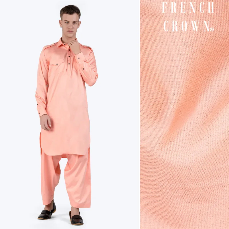 Melon Peach Subtle Sheen Super Soft Premium Cotton Pathani Set sold by French Crown