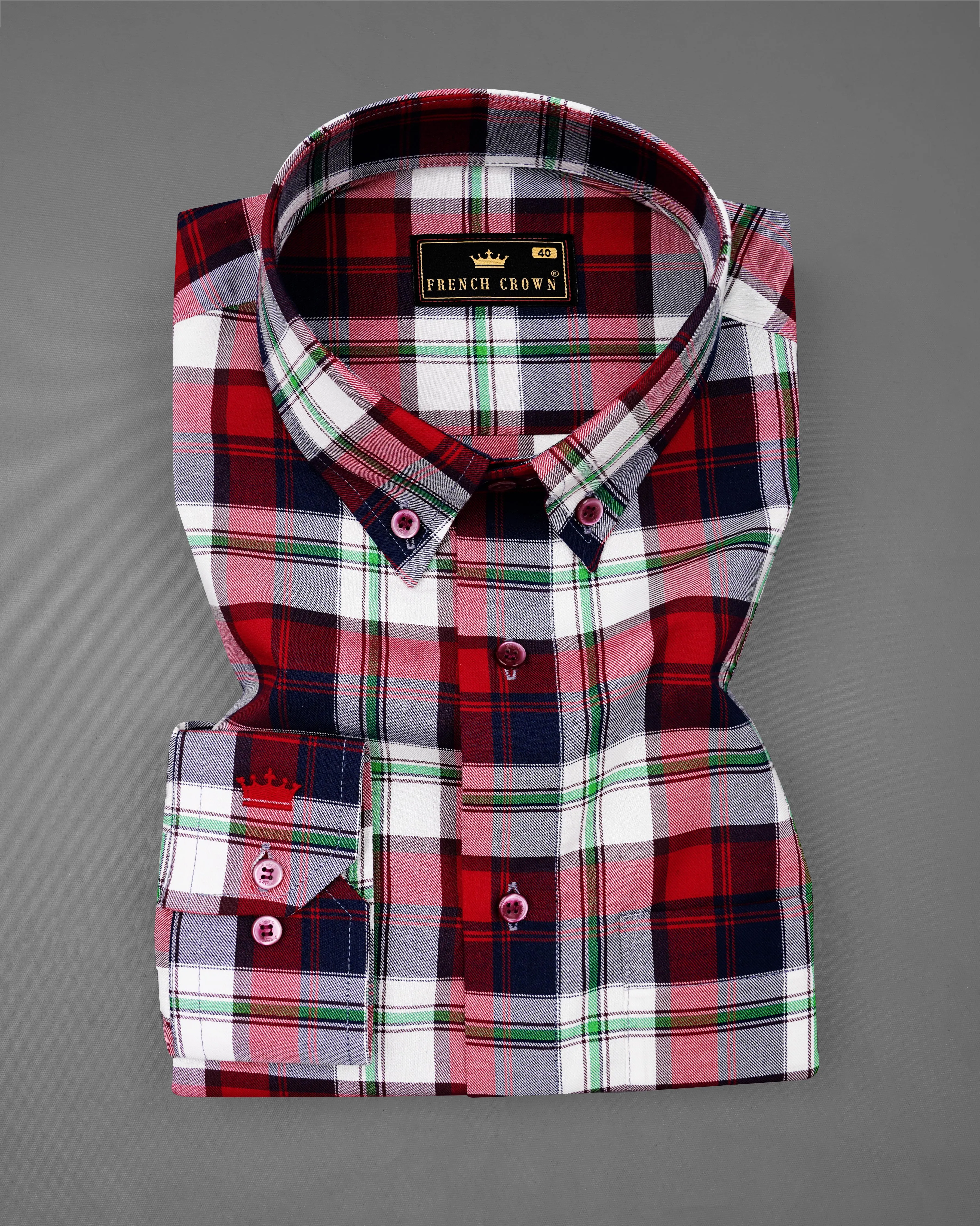 Bright White with Tamarillo Red and Caribbean Green Twill Windowpane Premium Cotton Shirt sold by French Crown product image thumbnail 3