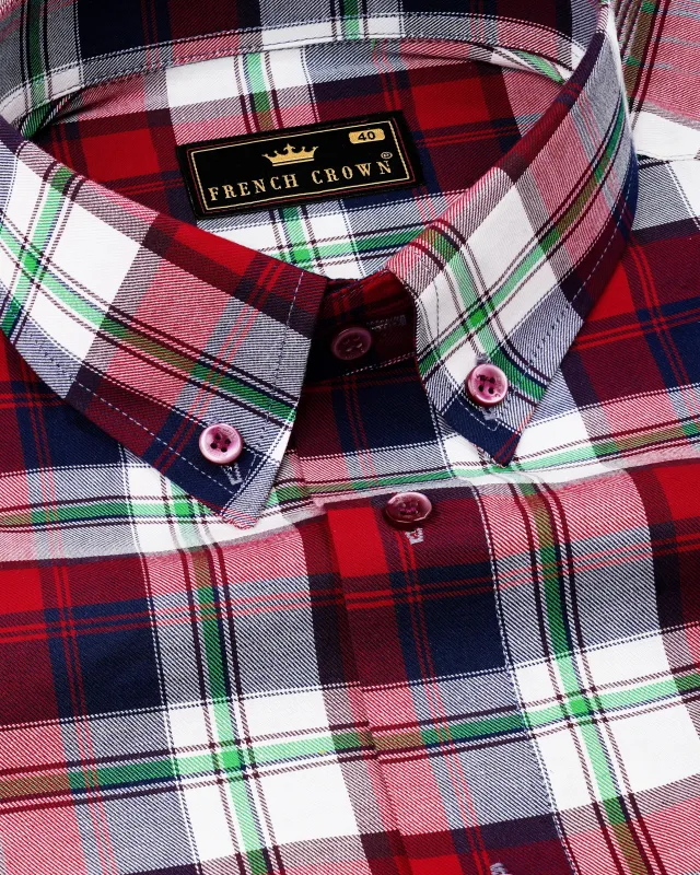 Bright White with Tamarillo Red and Caribbean Green Twill Windowpane Premium Cotton Shirt sold by French Crown