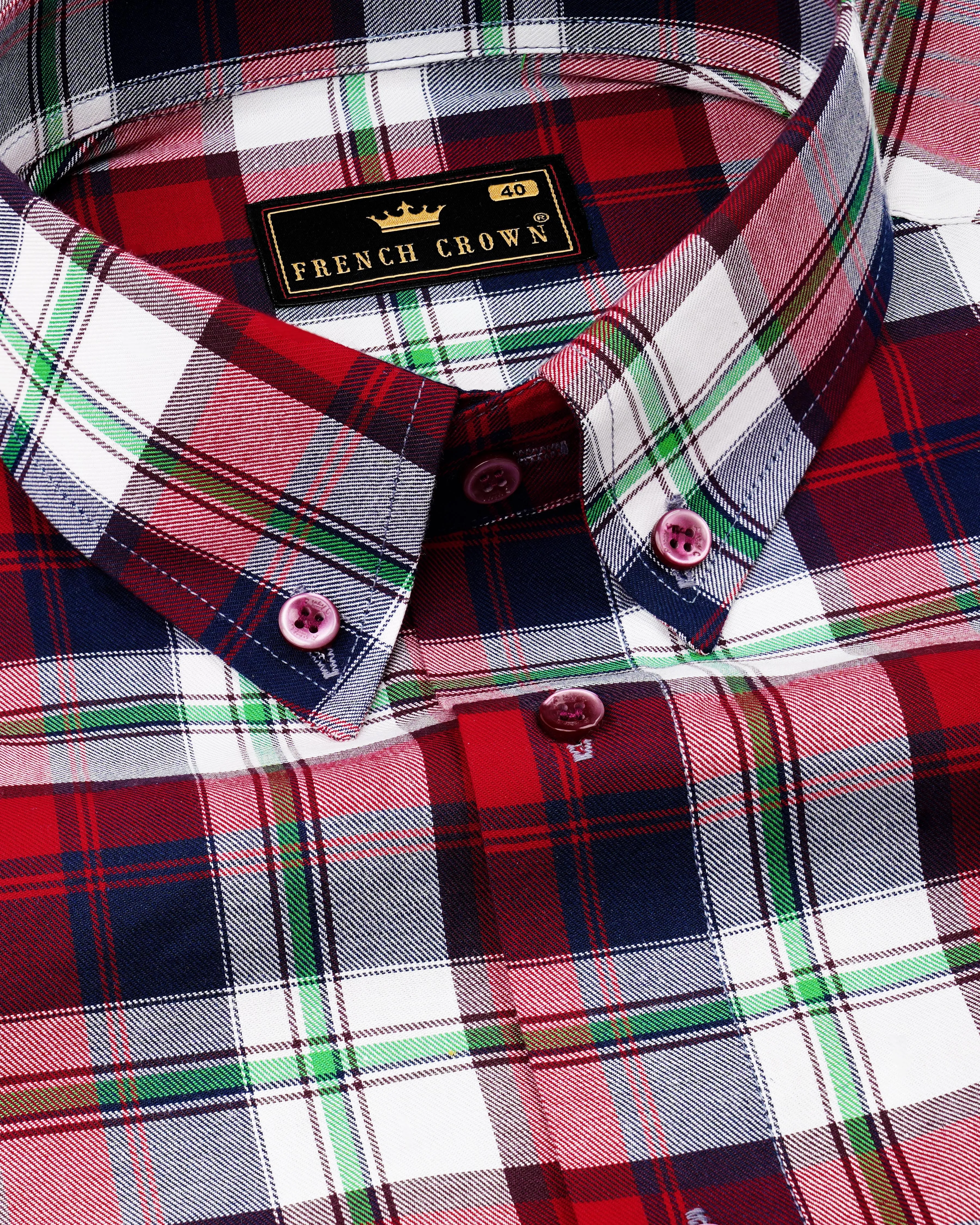 Bright White with Tamarillo Red and Caribbean Green Twill Windowpane Premium Cotton Shirt sold by French Crown