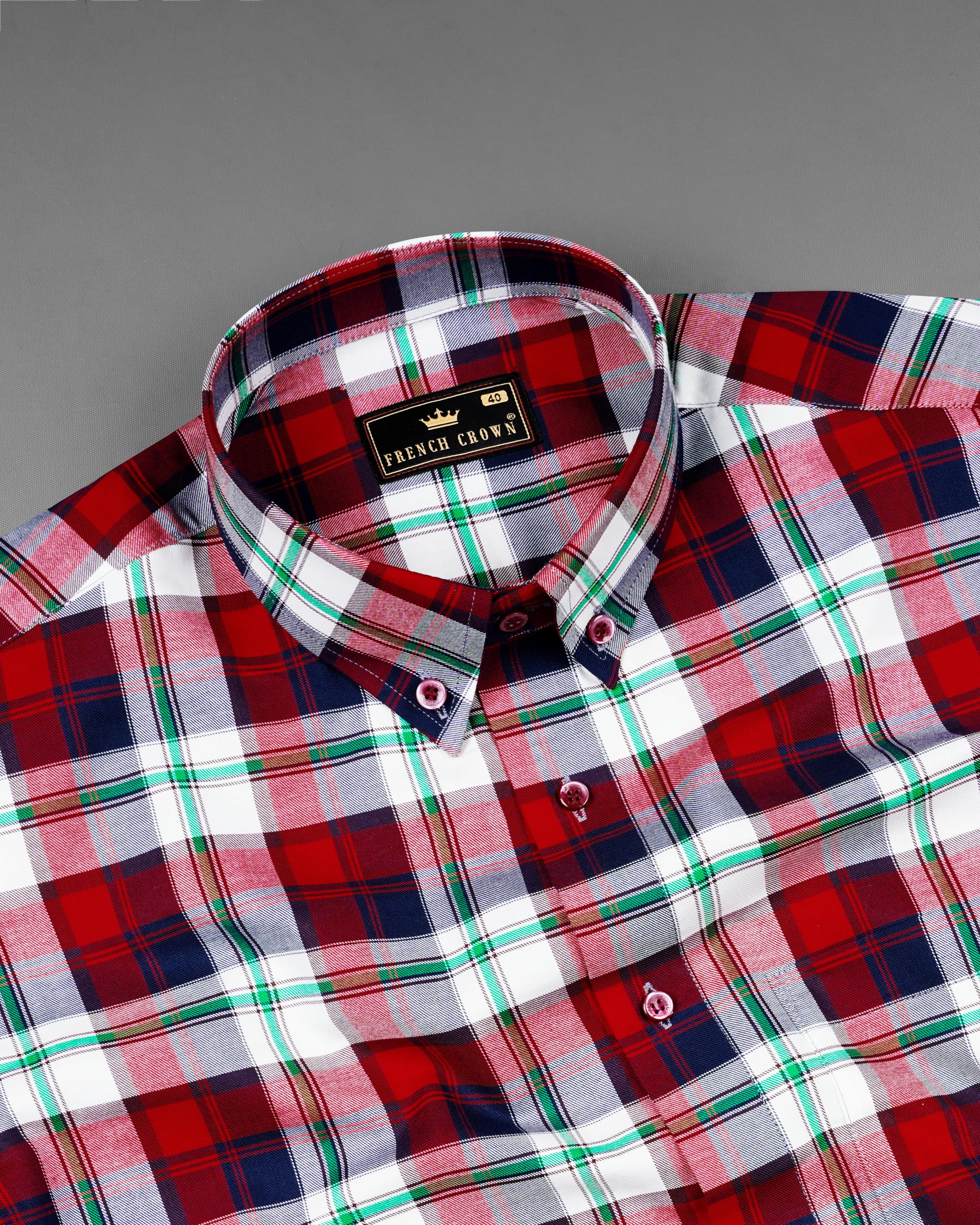 Bright White with Tamarillo Red and Caribbean Green Twill Windowpane Premium Cotton Shirt sold by French Crown product image thumbnail 4