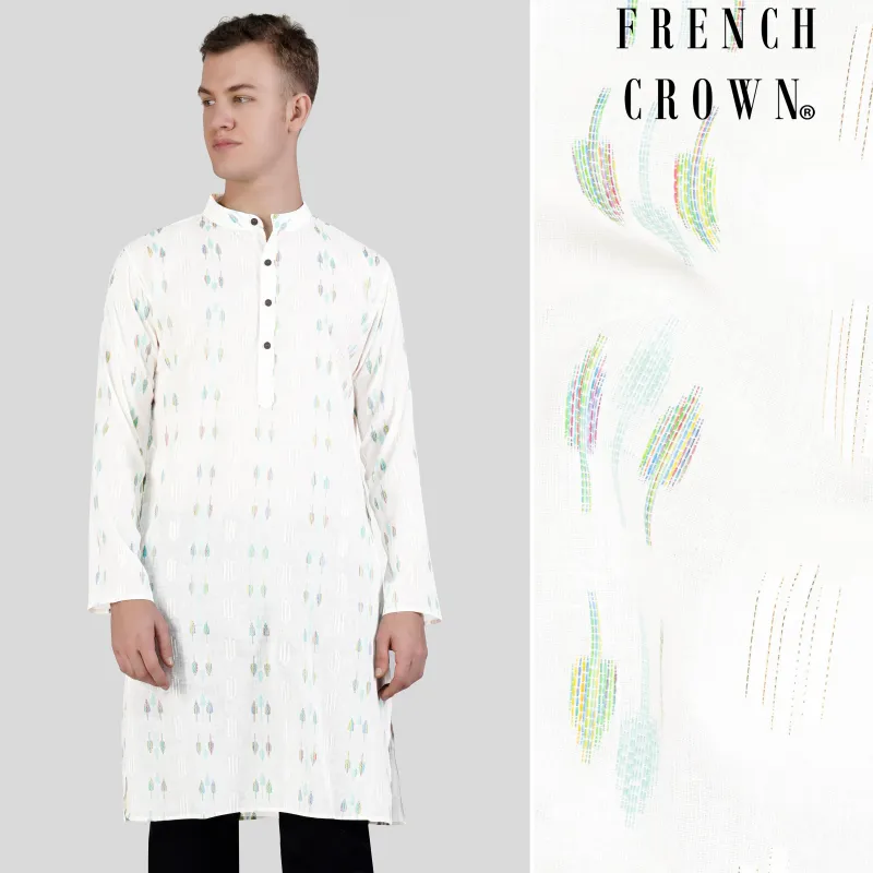 Bright White with colorful Leaves Jacquard Textured Premium Giza Cotton Kurta sold by French Crown