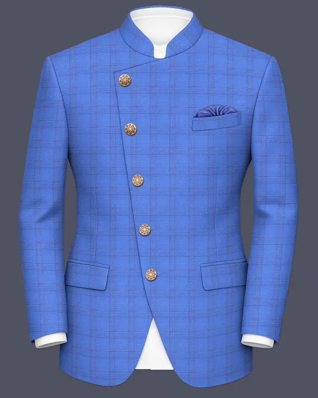 Scampi Blue With Pickled Brown Plaid Cross Placket Bandhgala Blazer sold by French Crown