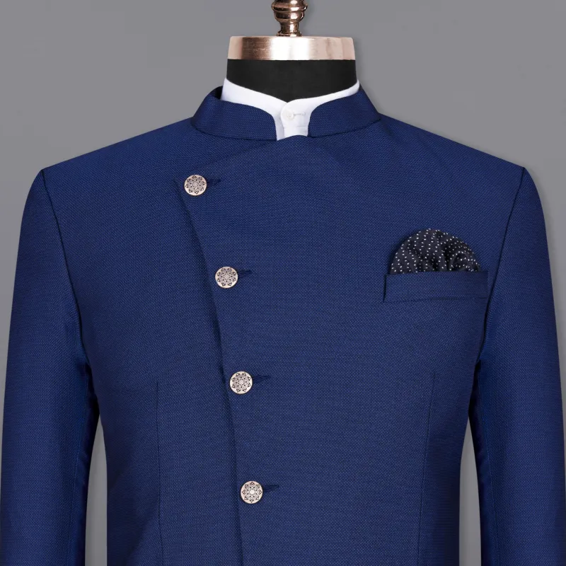 Royal Blue Cross Placket Bandhgala Wool rich Blazer sold by French Crown