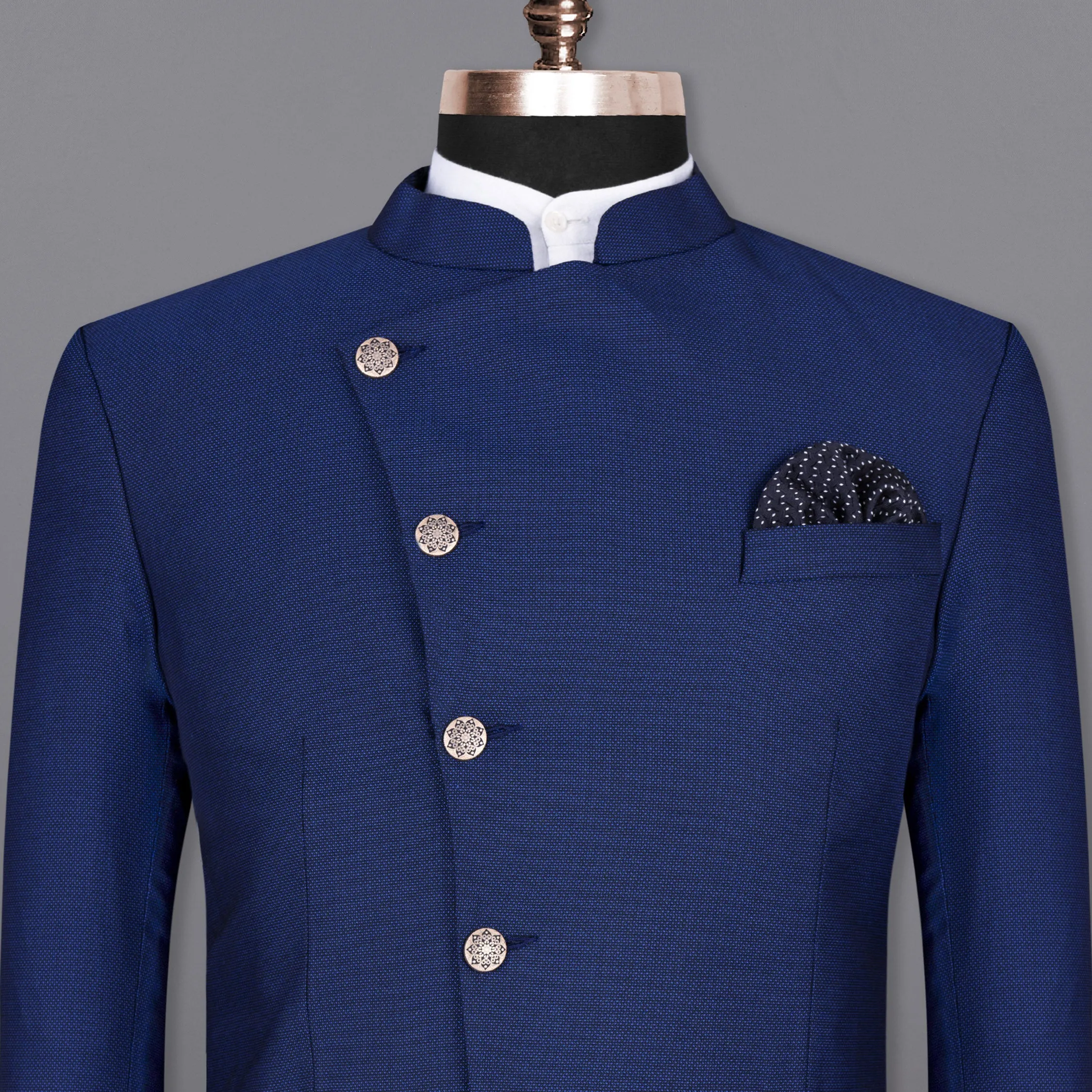 Royal Blue Cross Placket Bandhgala Wool rich Blazer sold by French Crown