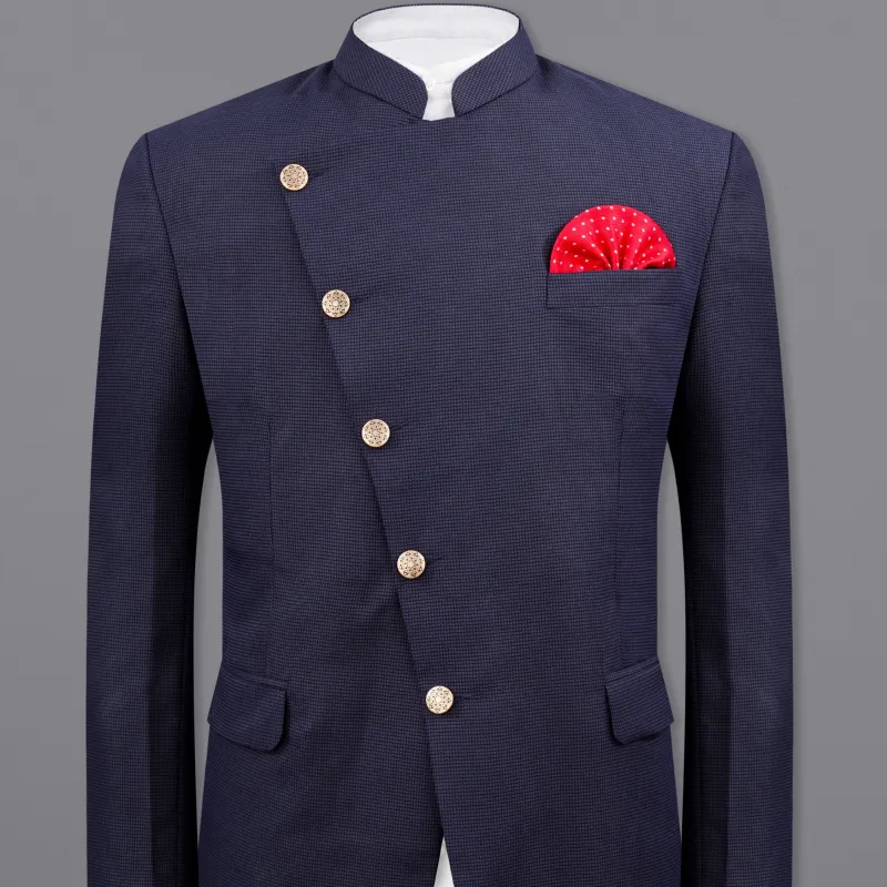 Ebony Clay Blue Cross Placket Bandhgala Blazer sold by French Crown