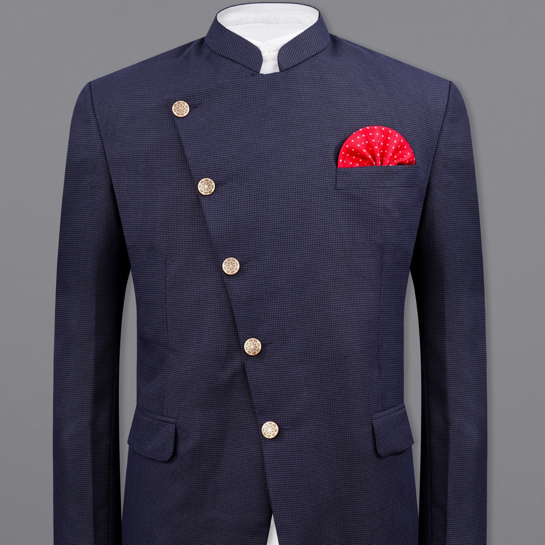 Ebony Clay Blue Cross Placket Bandhgala Blazer sold by French Crown