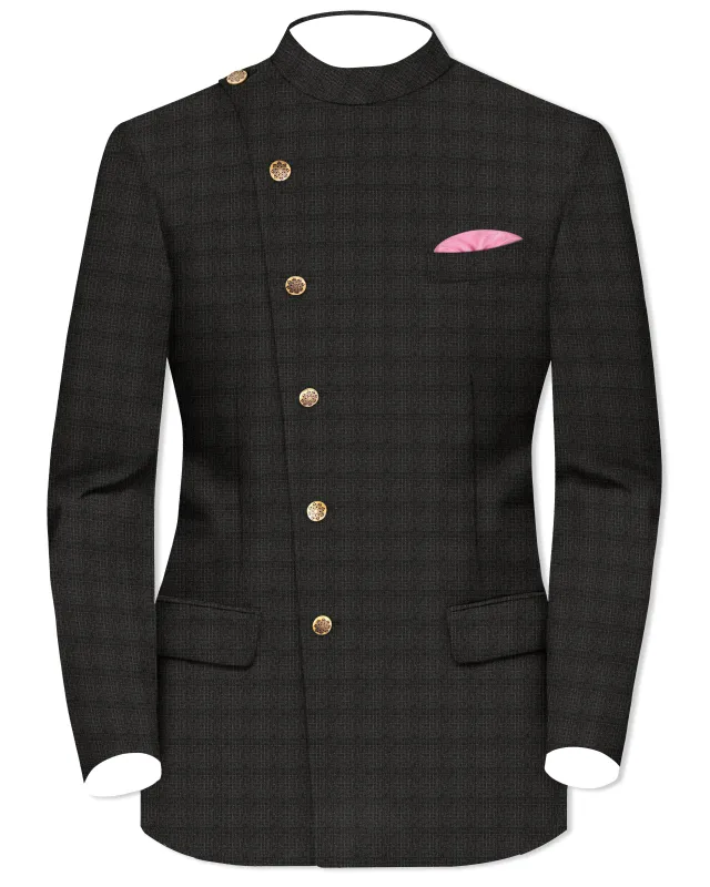 Armadillo Brown subtle windowpane Cross Placket Wool Rich Bandhgala Blazer sold by French Crown