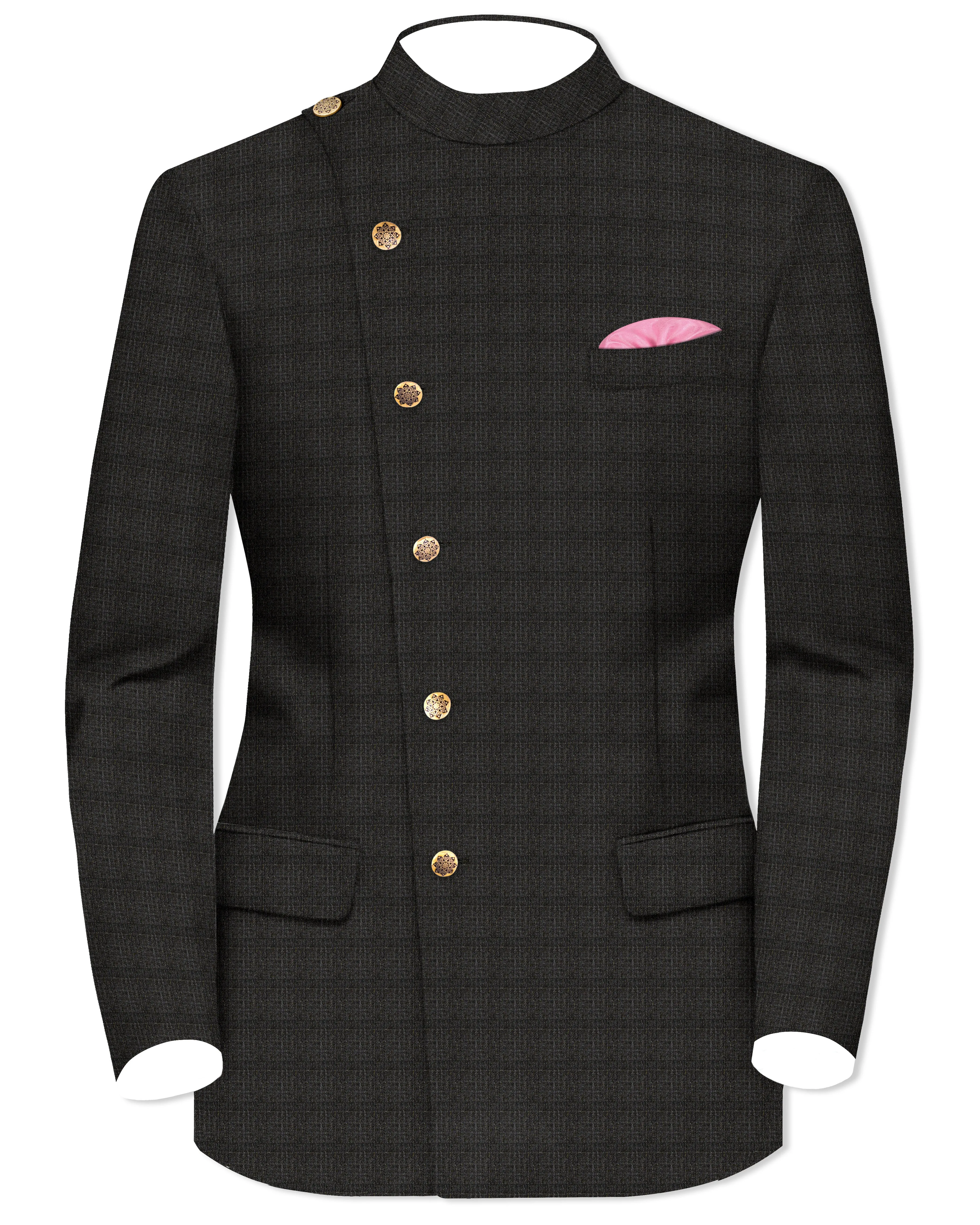 Armadillo Brown subtle windowpane Cross Placket Wool Rich Bandhgala Blazer sold by French Crown