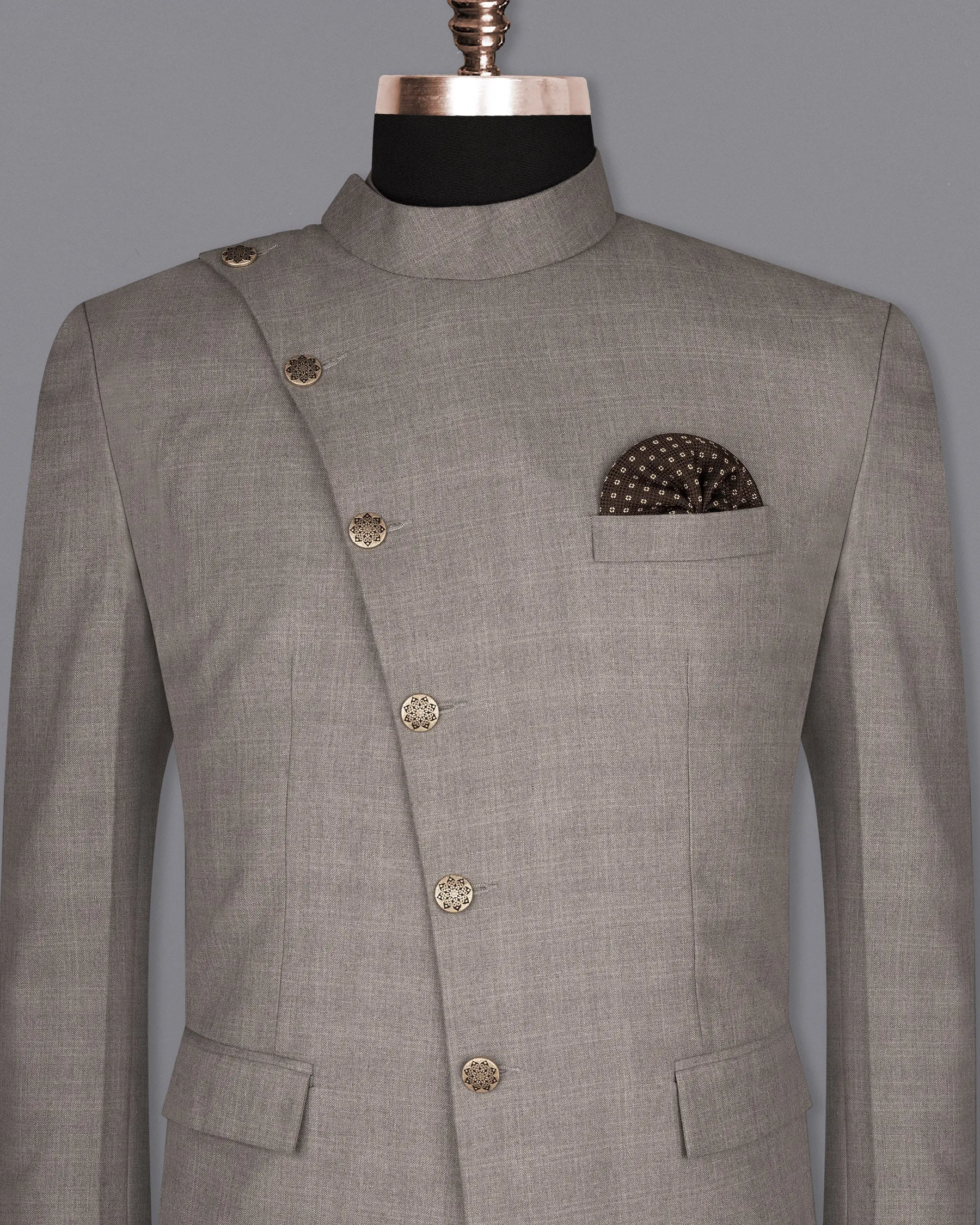 Venus Gray Subtle Plaid Cross Placket Wool Rich Bandhgala Blazer sold by French Crown product image thumbnail 2