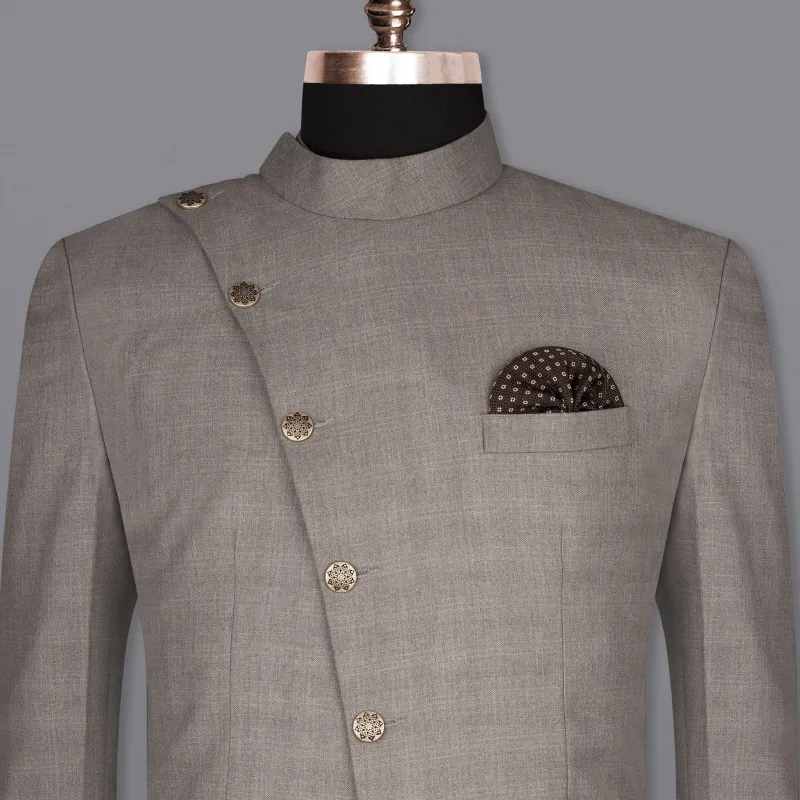 Venus Gray Subtle Plaid Cross Placket Wool Rich Bandhgala Blazer sold by French Crown