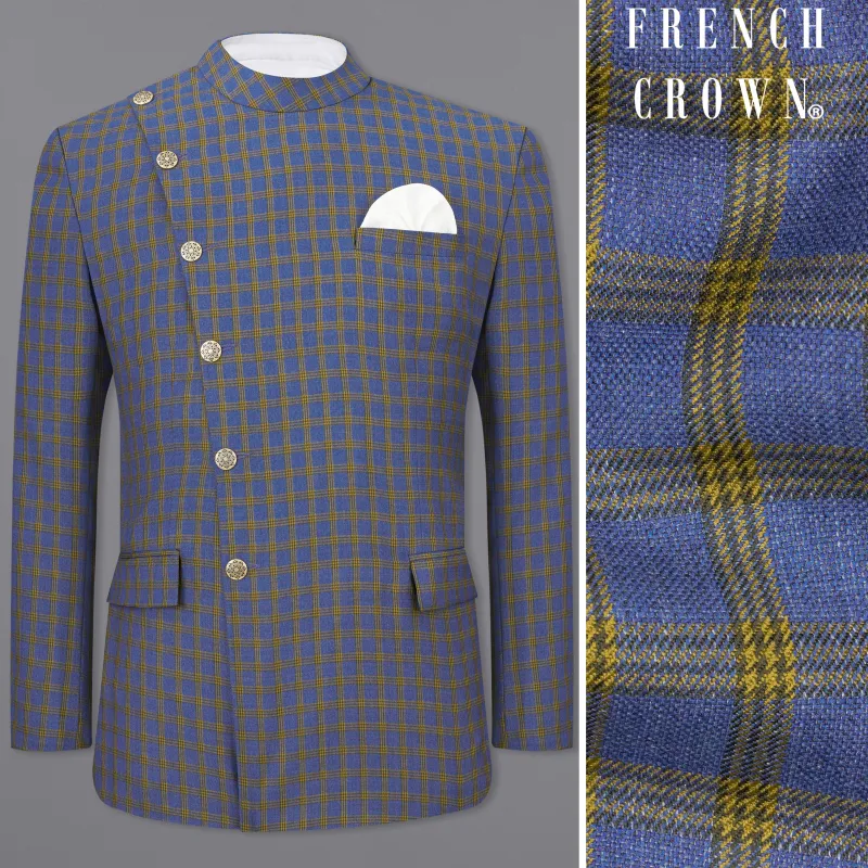 Twilight Blue with Alpine Brown Plaid Cross Placket Bandhgala Blazer sold by French Crown