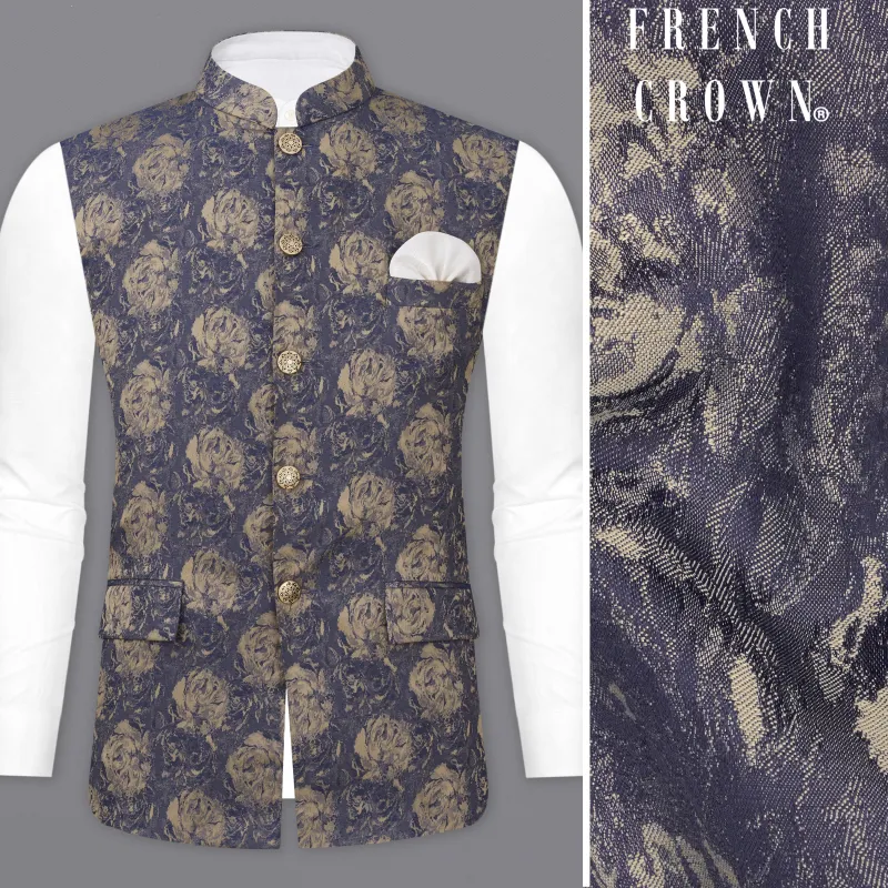Gravel Blue and Black Jacquard Textured Designer Nehru jacket sold by French Crown