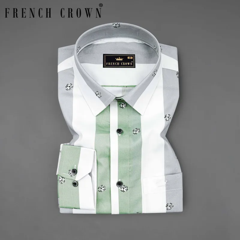 Bright White with Tiara Gray and Spring Rain Green Striped Super Soft Premium Cotton Shirt sold by French Crown