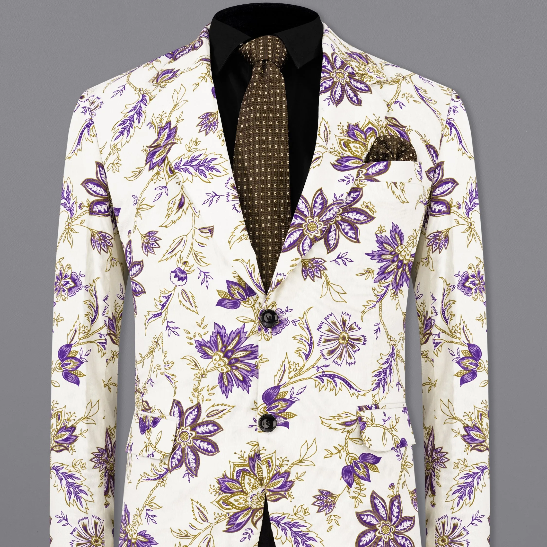 Desert Storm Cream with Eminence Blue Leaves Printed Premium Cotton Designer Blazer sold by French Crown