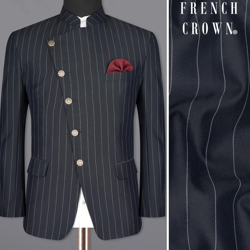 Charcoal Striped Cross Placket Wool Rich Bandhgala Blazer sold by French Crown