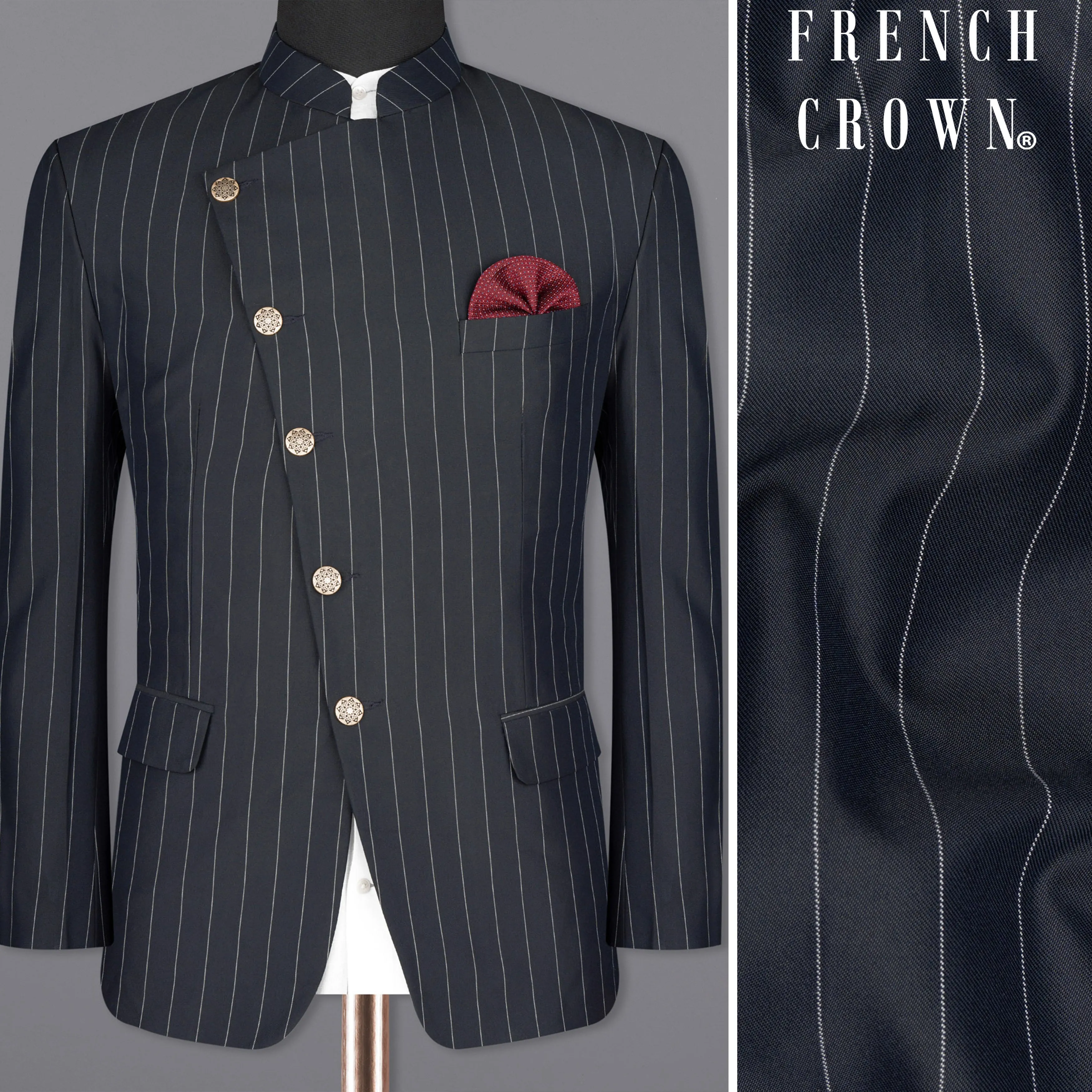 Charcoal Striped Cross Placket Wool Rich Bandhgala Blazer sold by French Crown
