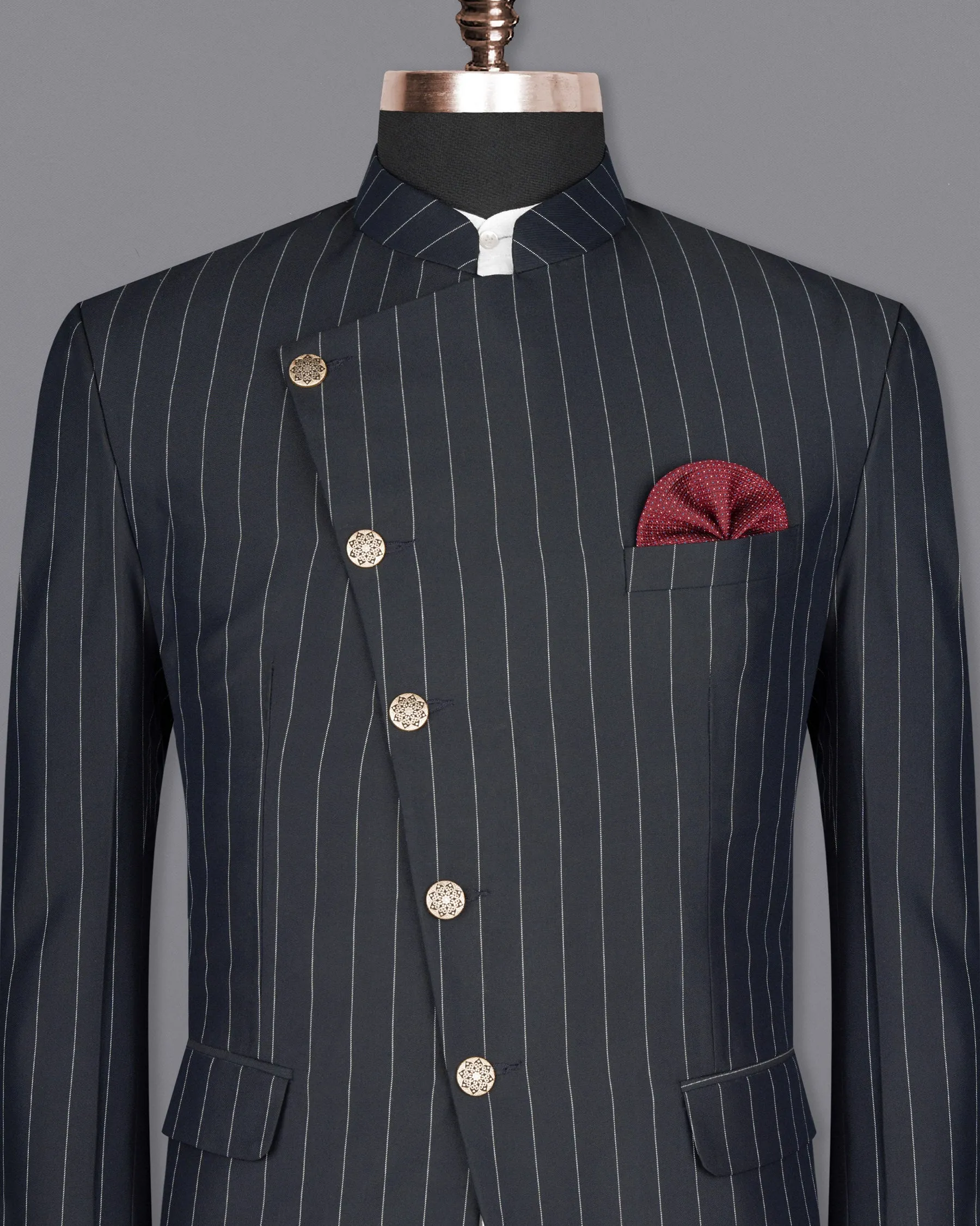 Charcoal Striped Cross Placket Wool Rich Bandhgala Blazer sold by French Crown product image thumbnail 2