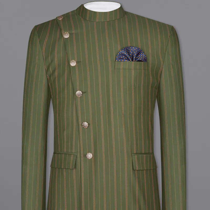Vampire Green Striped Cross Placket Bandhgala Blazer sold by French Crown