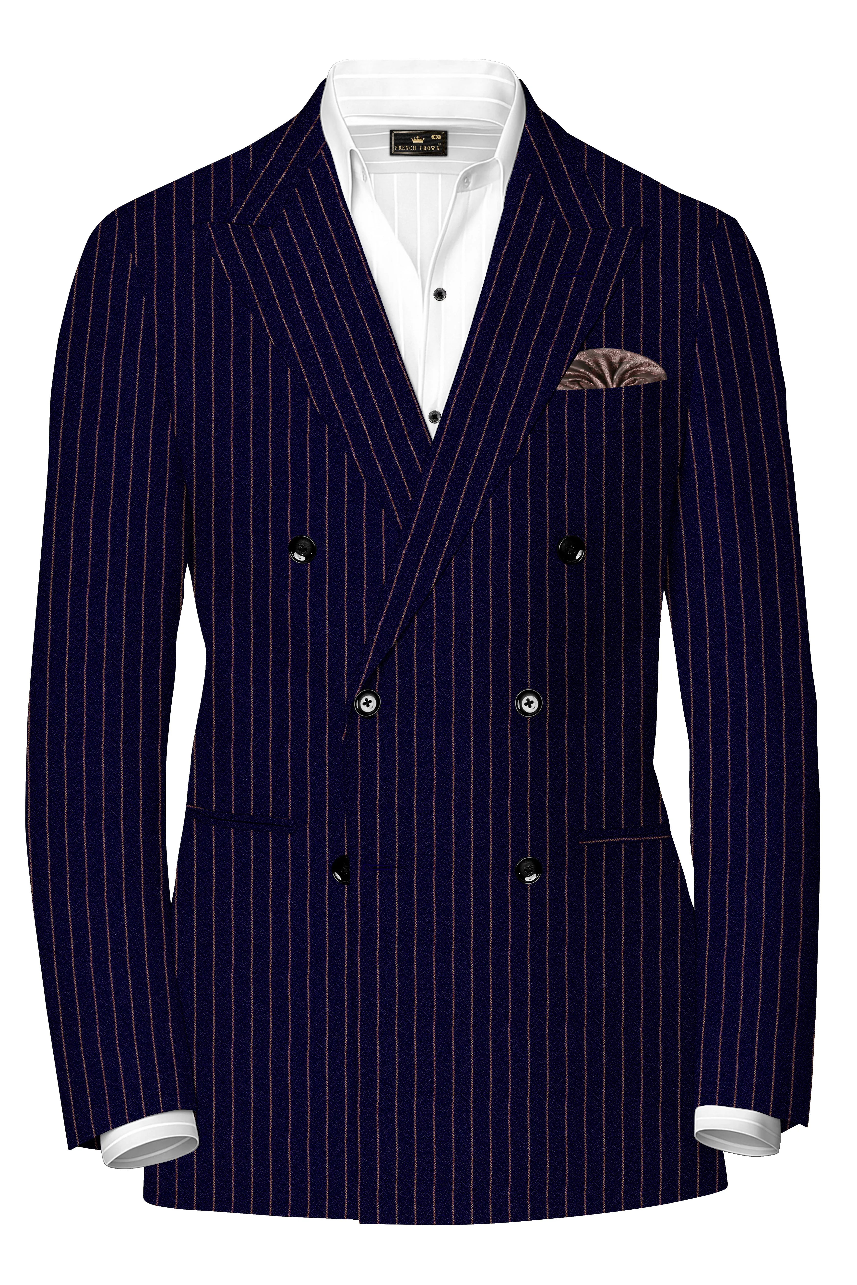 Tuna Blue with Coral Reef Brown Striped Double-Breasted Blazer sold by French Crown product image thumbnail 2