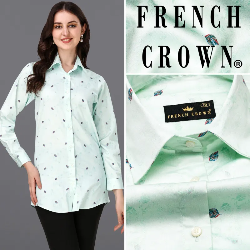 Periglacial Green with Feather Printed Super Soft Premium Cotton Women’s Shirt sold by French Crown