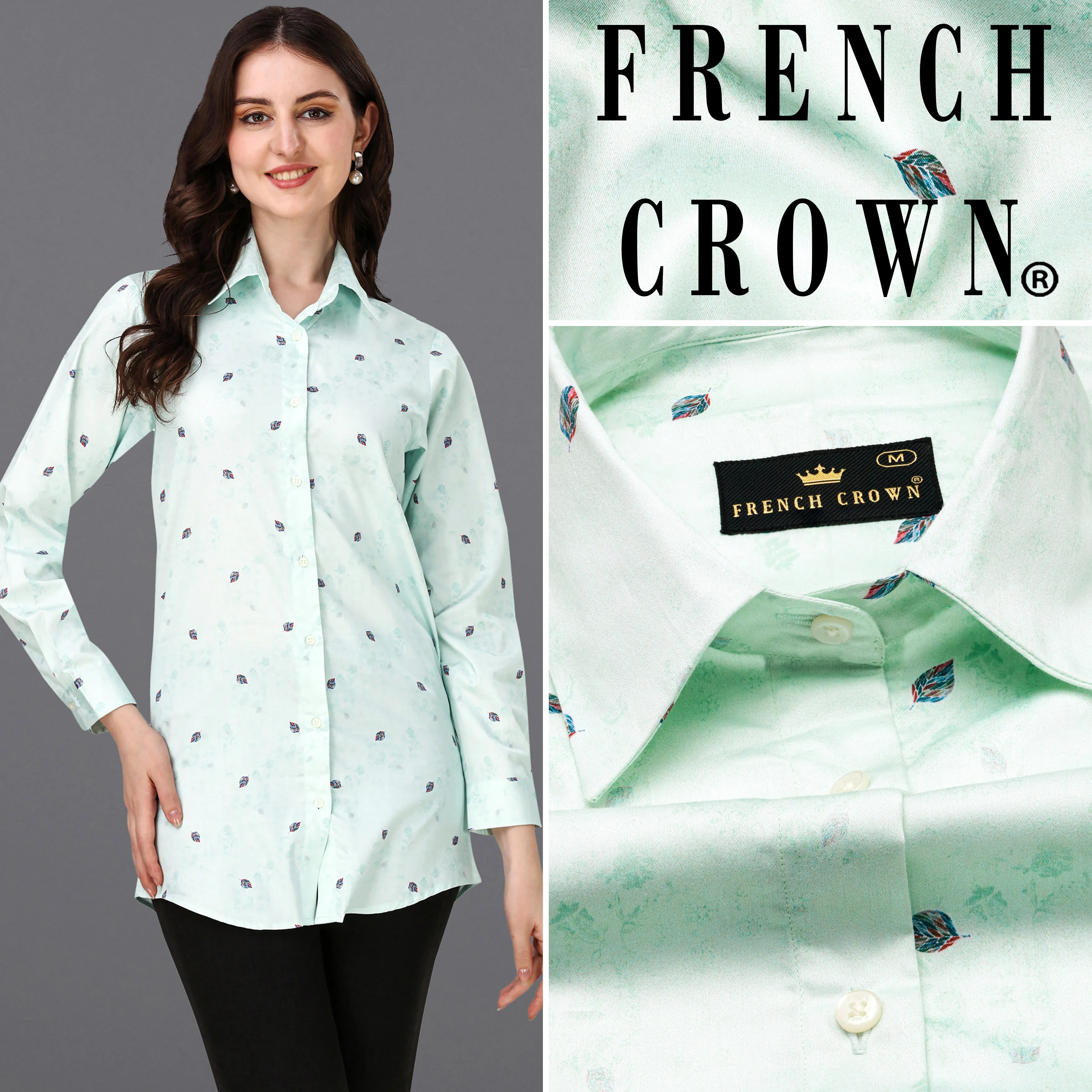 Periglacial Green with Feather Printed Super Soft Premium Cotton Women’s Shirt sold by French Crown