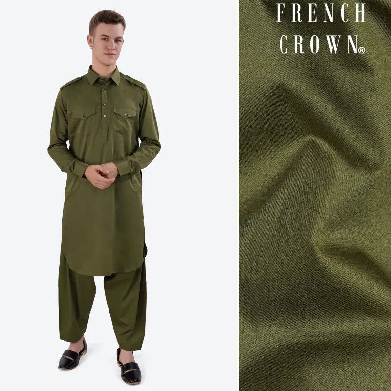 Fuscous Green Subtle Sheen Super Soft Premium Cotton Pathani Set sold by French Crown