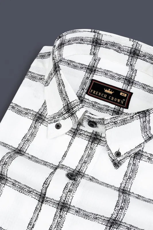 Bright white with jade black Windowpane Luxurious Linen Shirt sold by French Crown