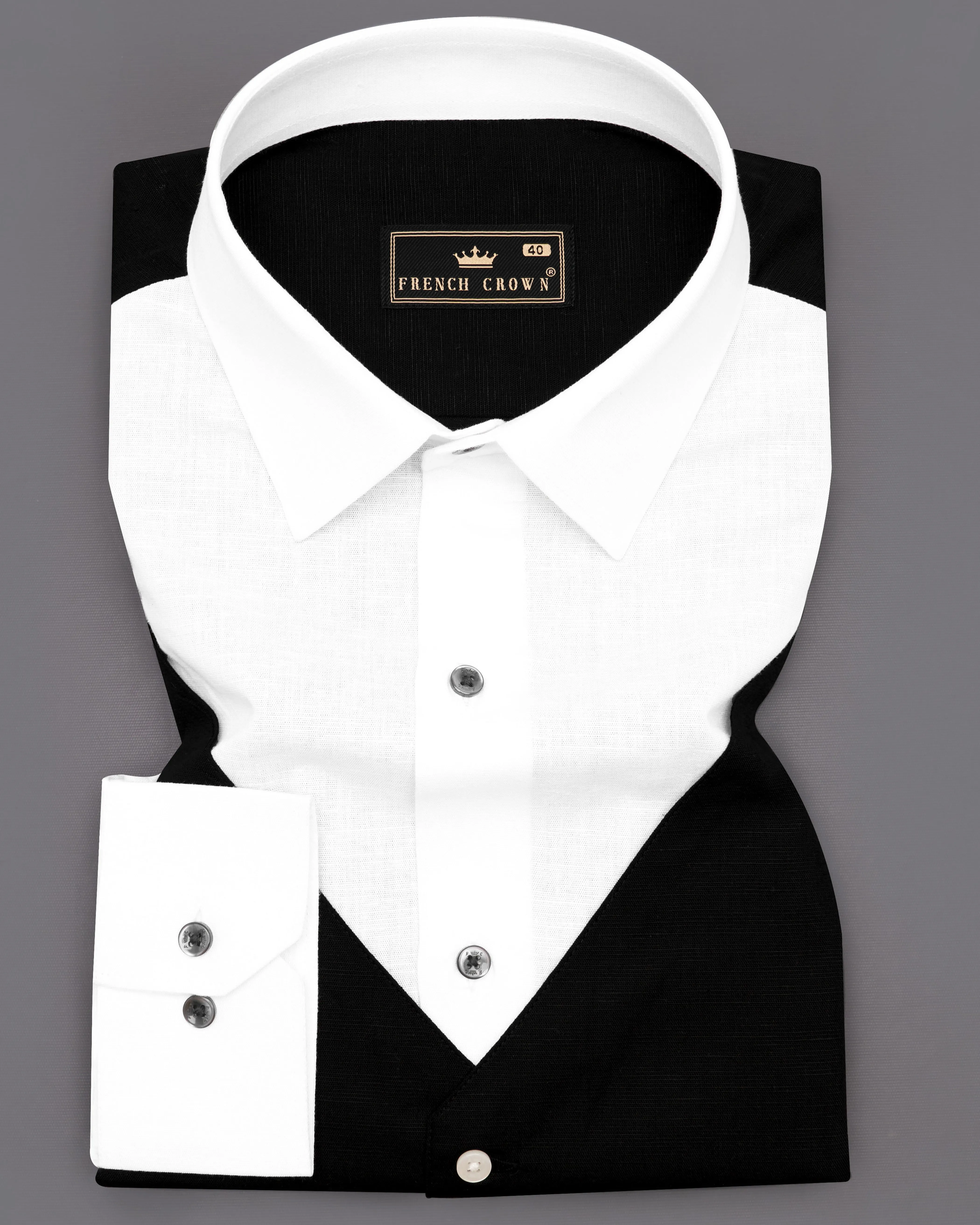 Bright White with black waistcoat Patterned Luxurious Linen Shirt sold by French Crown