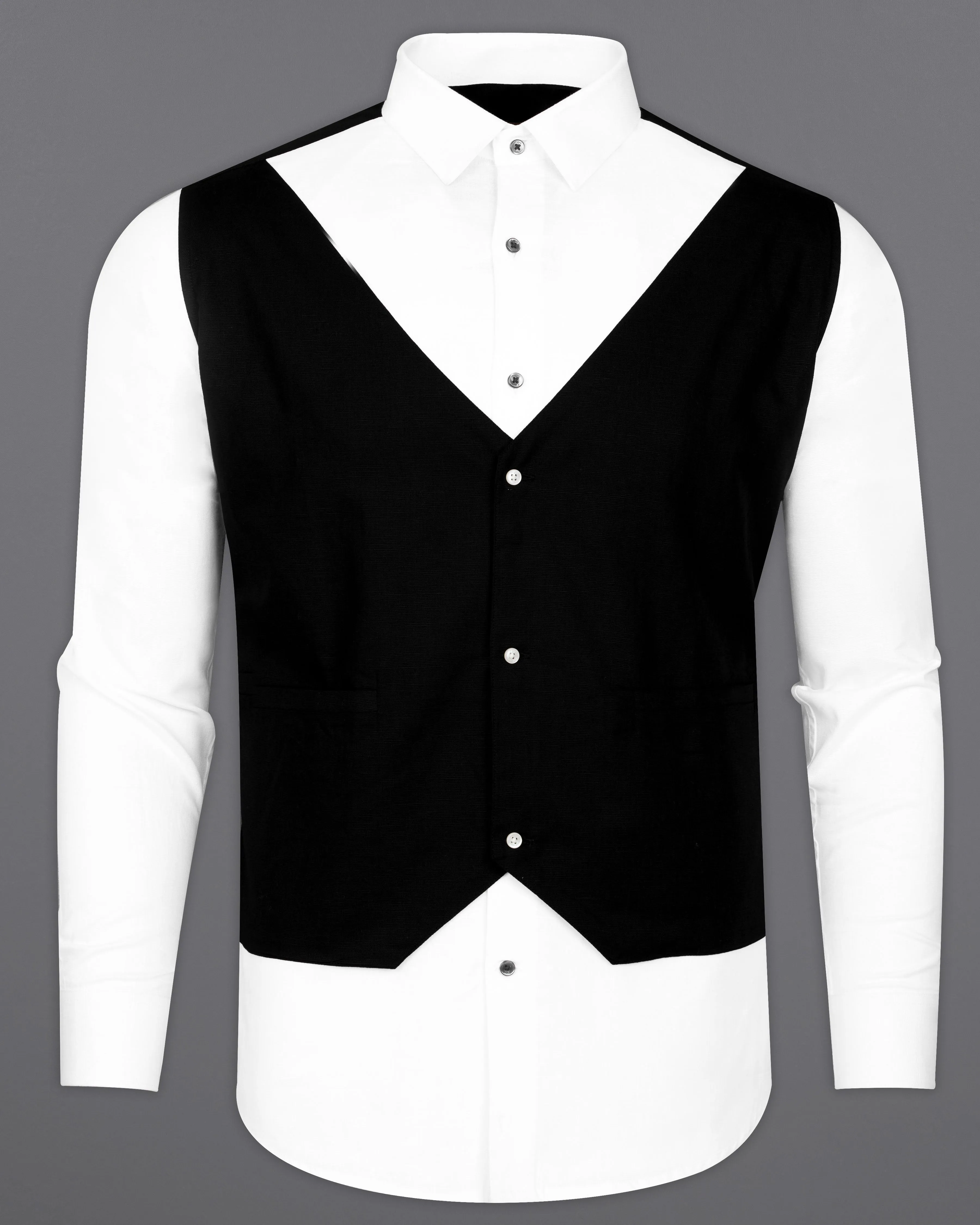 Bright White with black waistcoat Patterned Luxurious Linen Shirt sold by French Crown product image thumbnail 5