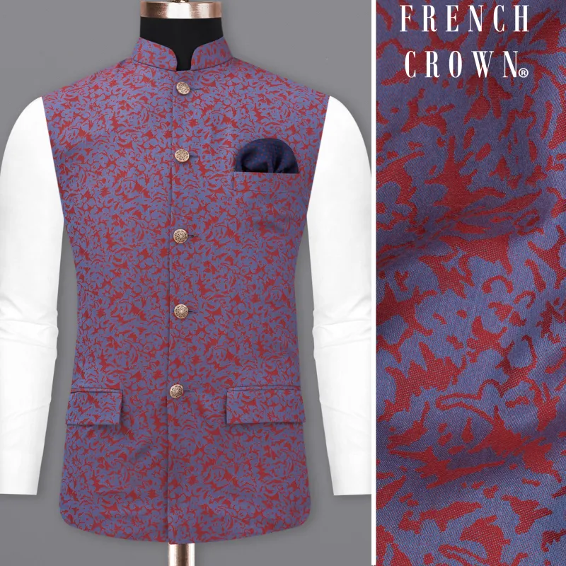 Waikawa Blue with Sanguine Red Jacquard Textured Designer Nehru Jacket sold by French Crown