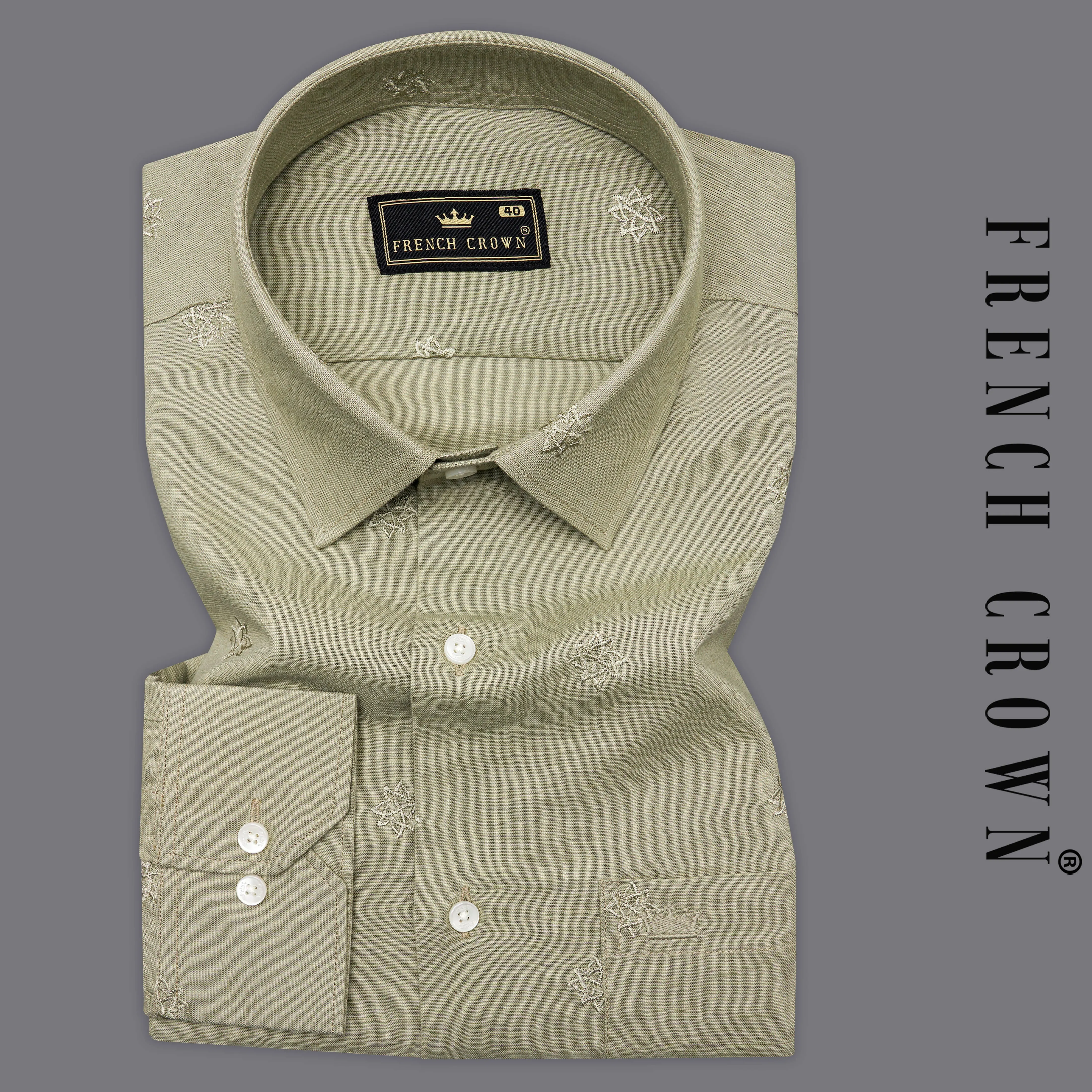Taupe Green Embroidered Luxurious Linen Shirt sold by French Crown