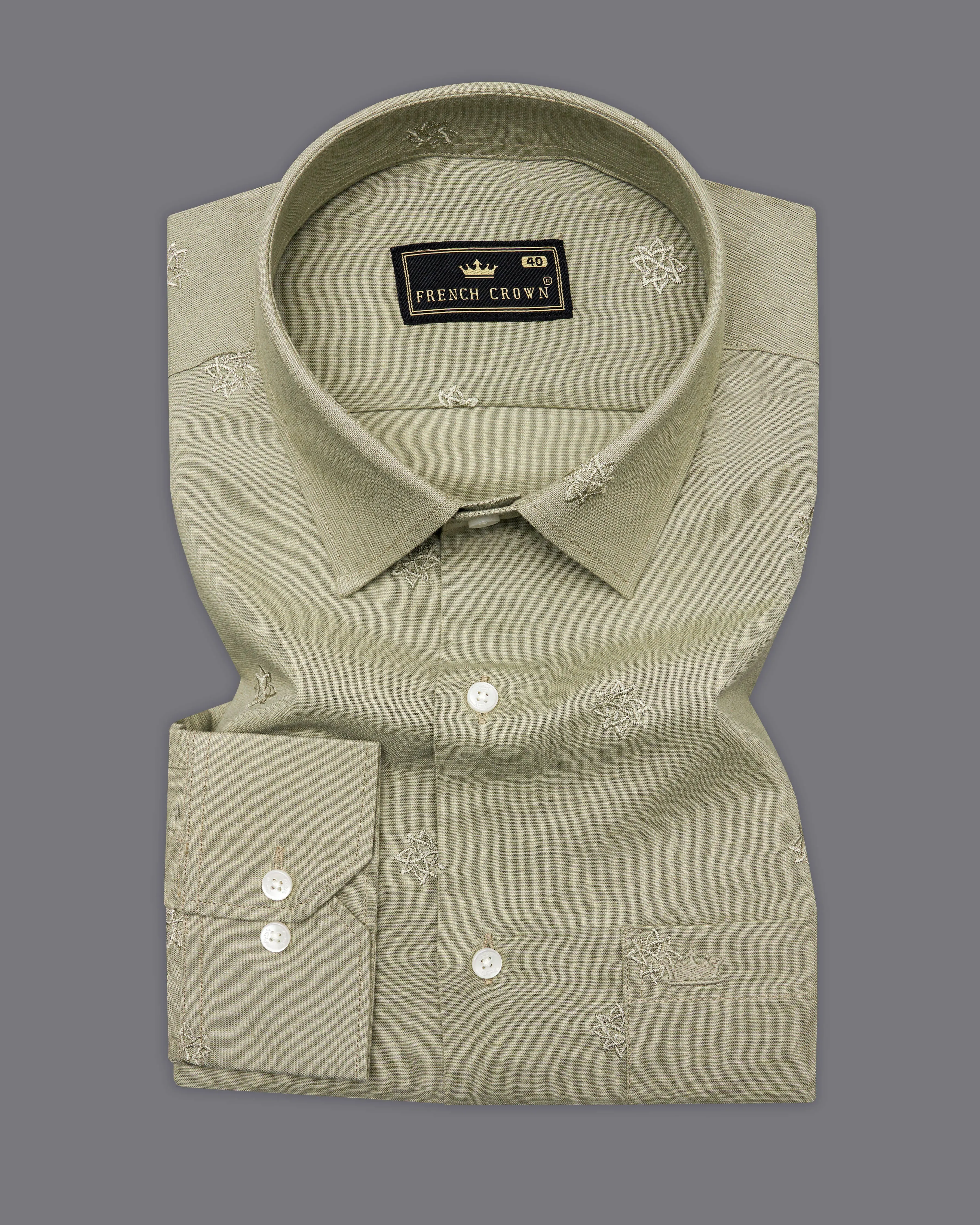 Taupe Green Embroidered Luxurious Linen Shirt sold by French Crown product image thumbnail 2