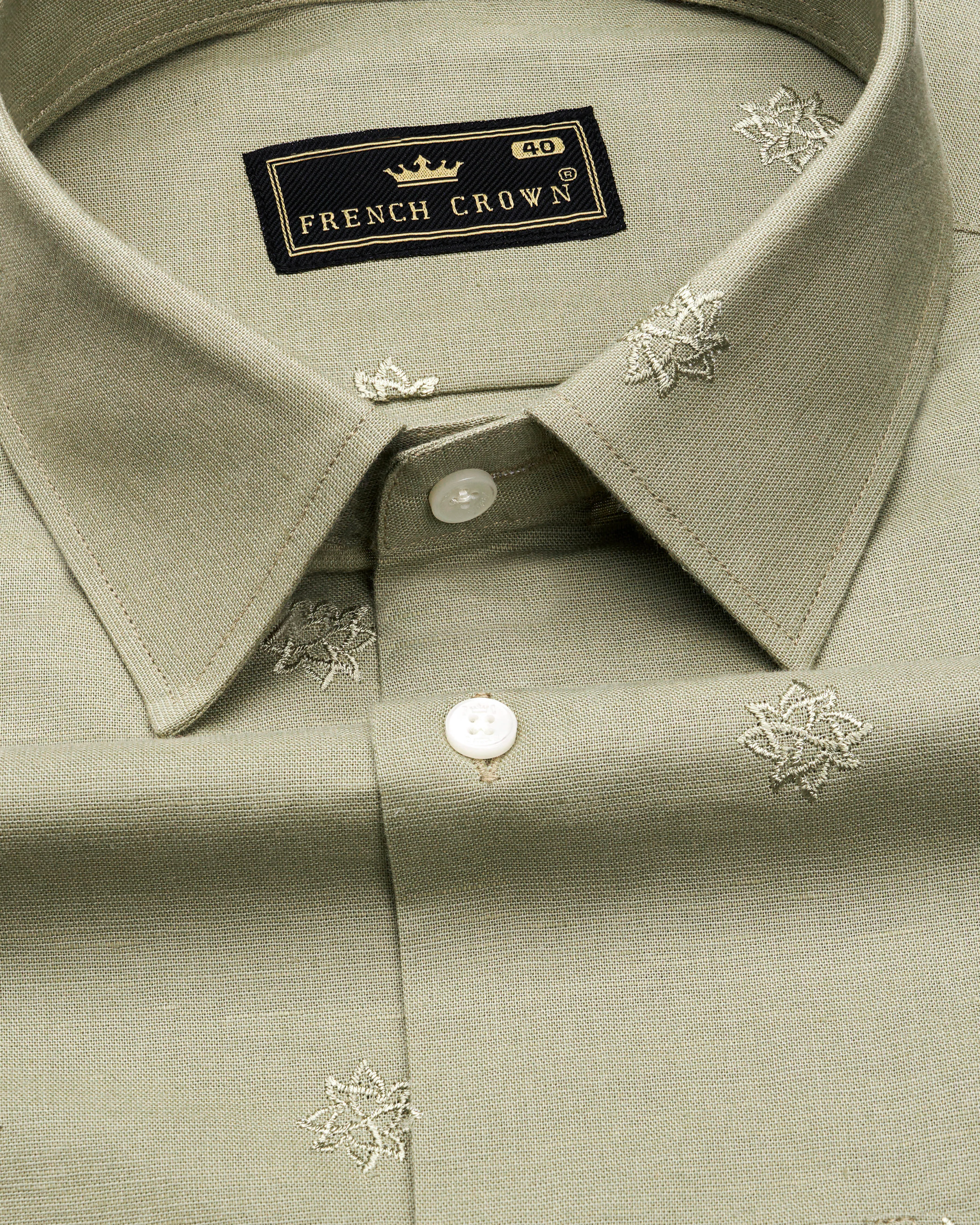 Taupe Green Embroidered Luxurious Linen Shirt sold by French Crown product image thumbnail 4