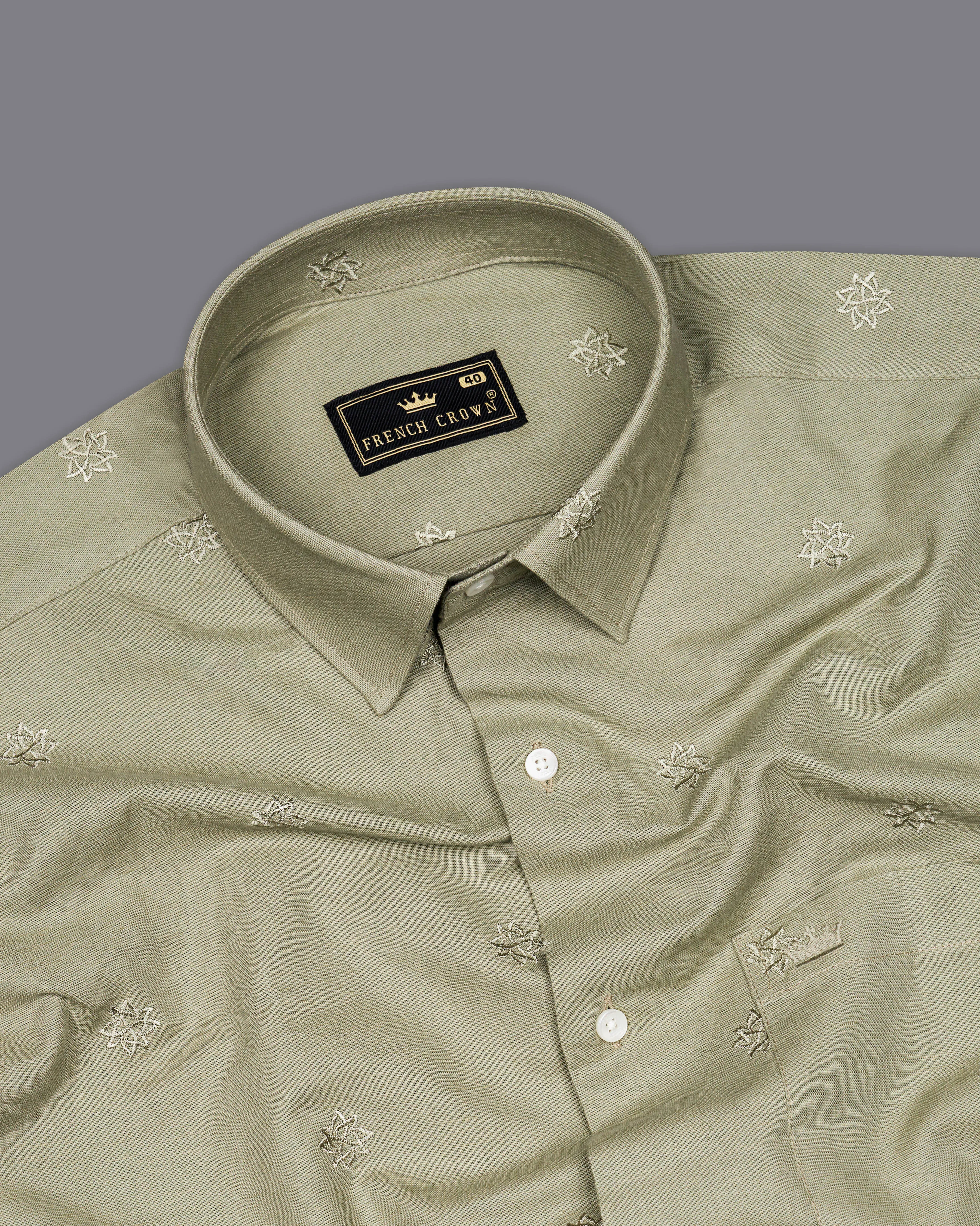 Taupe Green Embroidered Luxurious Linen Shirt sold by French Crown product image thumbnail 5