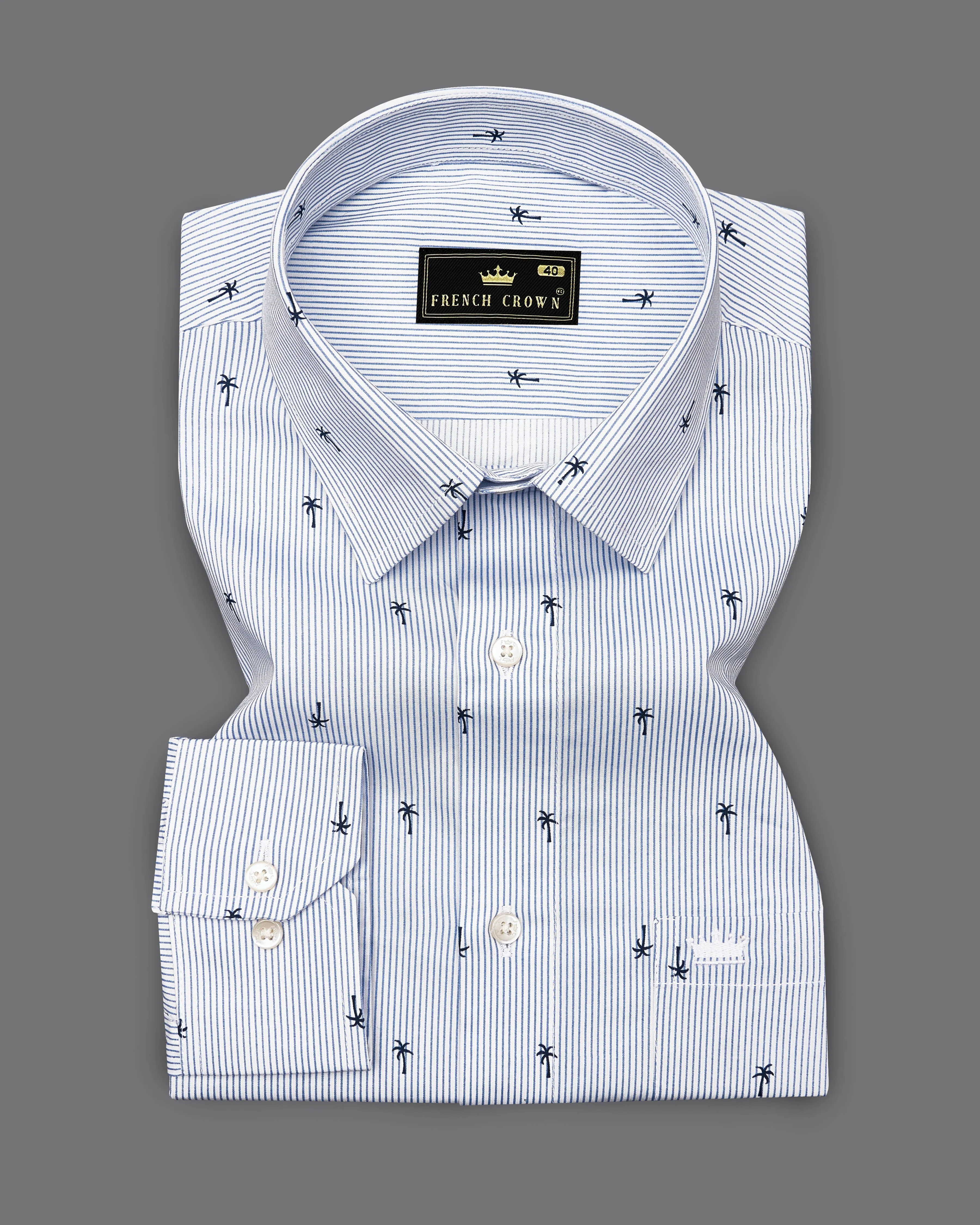 Pastel Blue with White Striped and Printed Premium Cotton Shirt sold by French Crown product image thumbnail 3